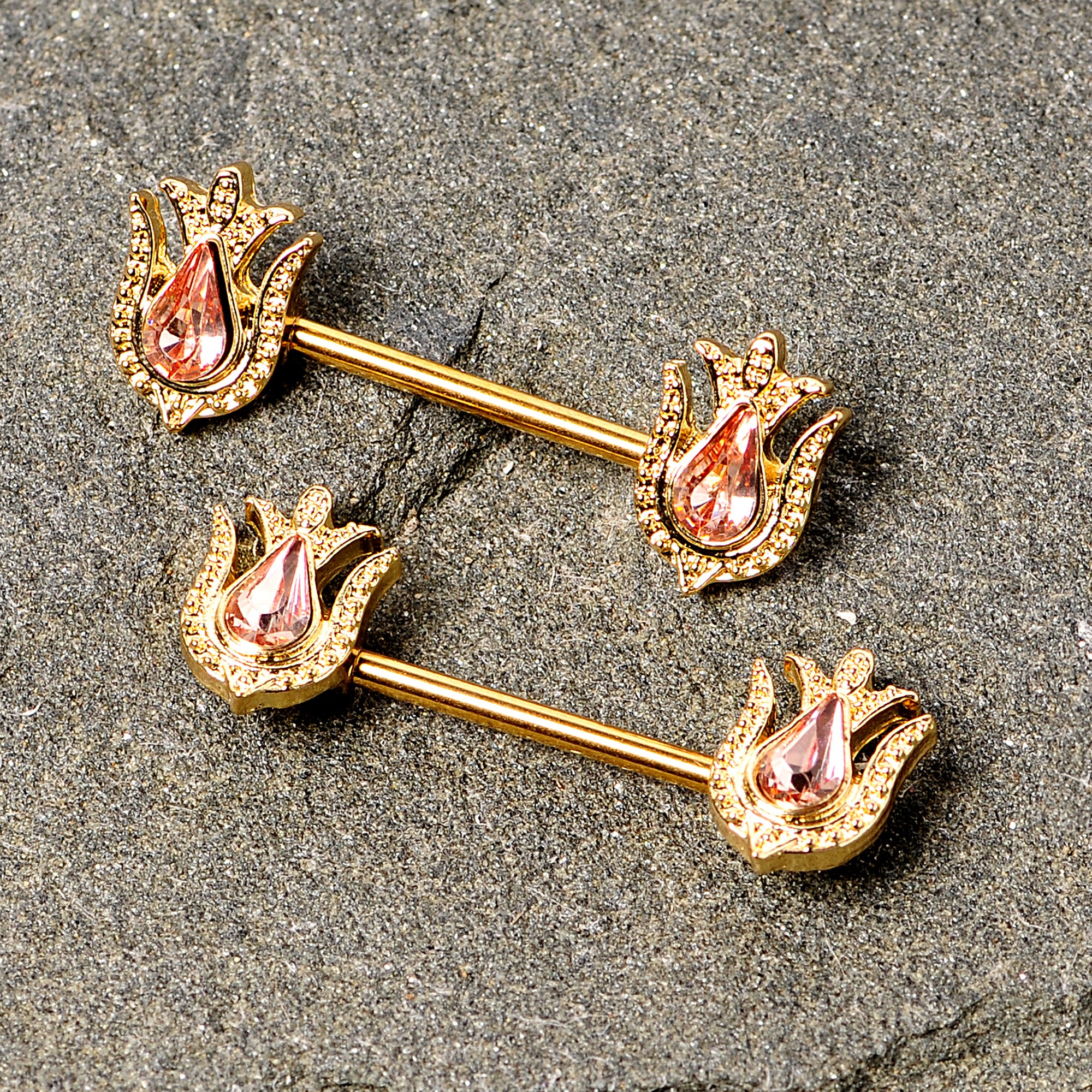 14 Gauge 9/16 Pink Gem Gold Tone Flower Barbell Nipple Ring Set