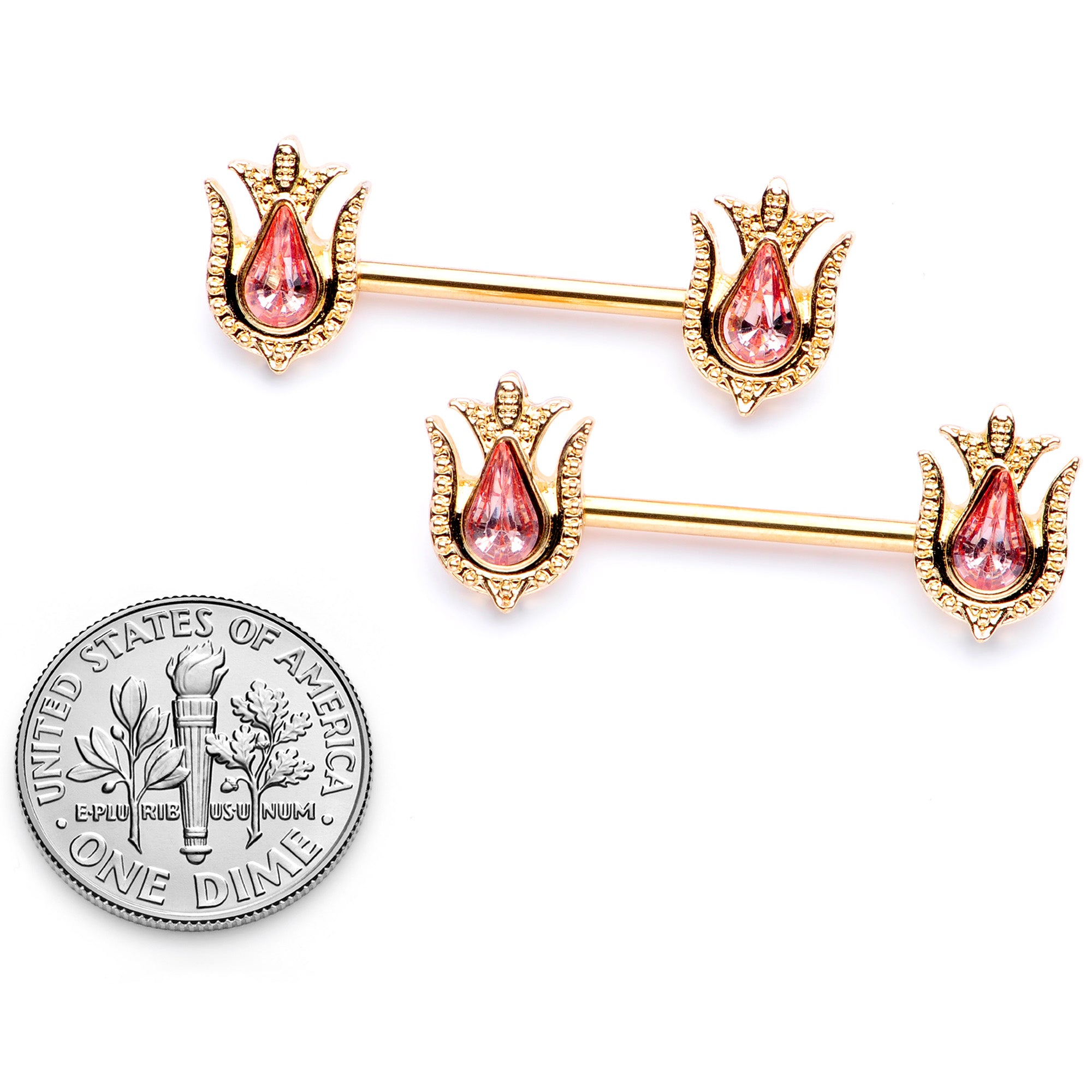 14 Gauge 9/16 Pink Gem Gold Tone Flower Barbell Nipple Ring Set