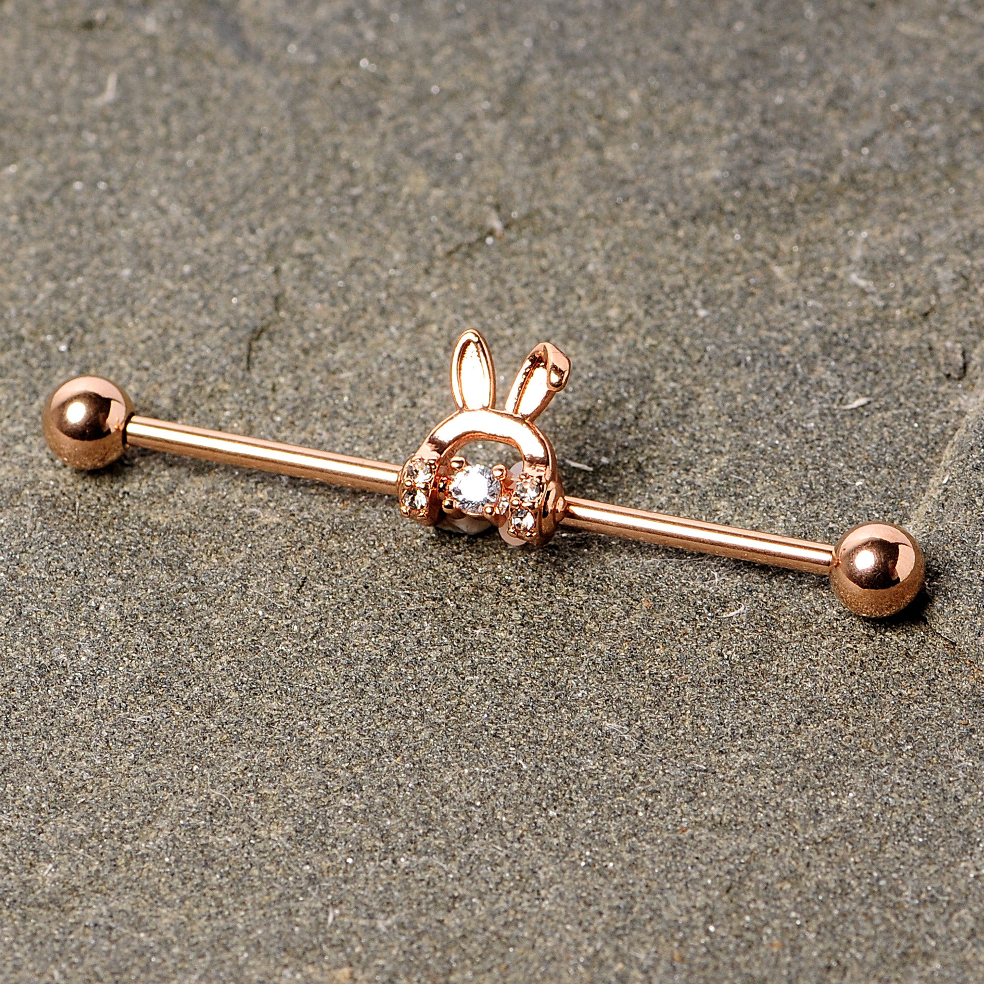 14 Gauge Rose Gold Tone Bunny Ear Headphone Industrial Barbell