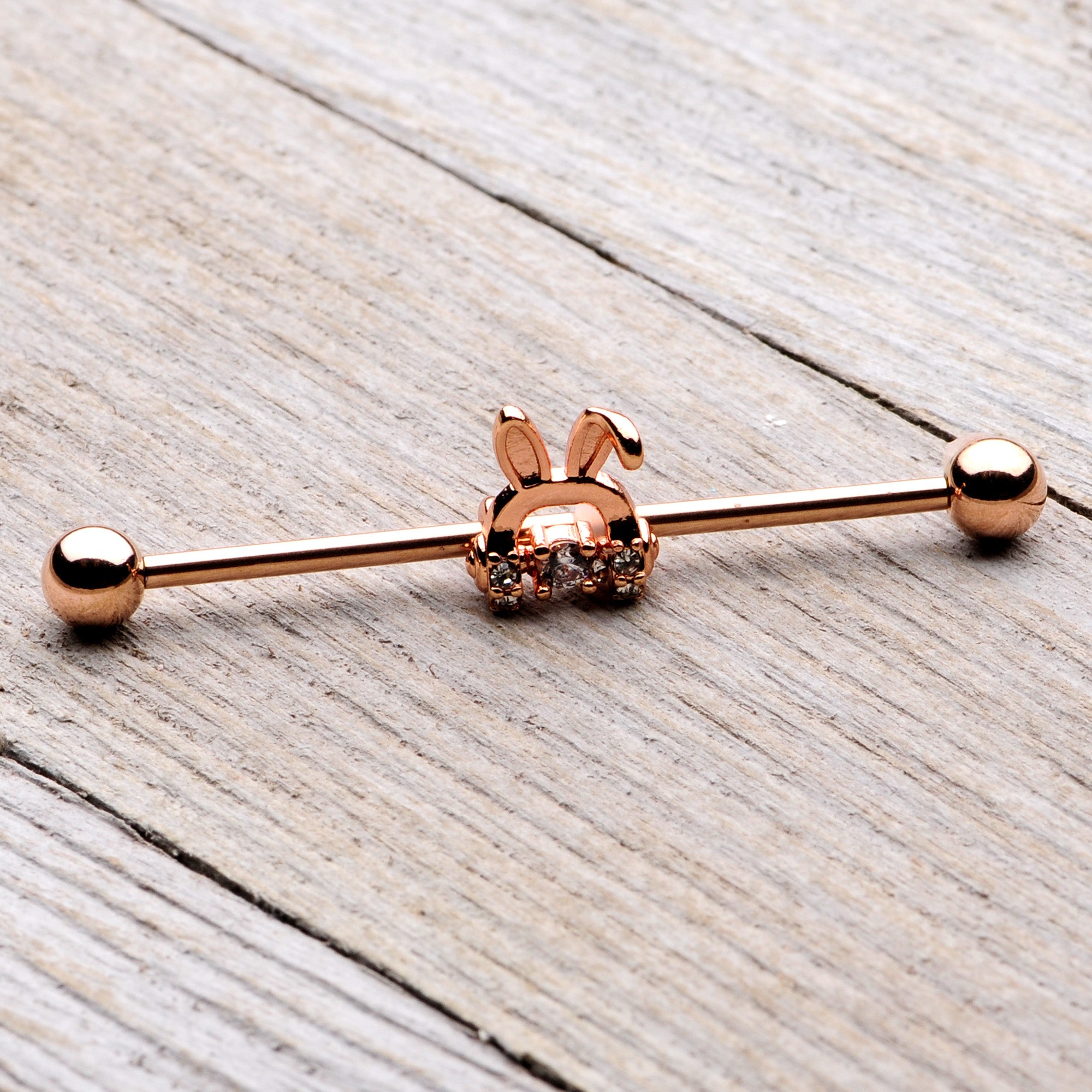 14 Gauge Rose Gold Tone Bunny Ear Headphone Industrial Barbell