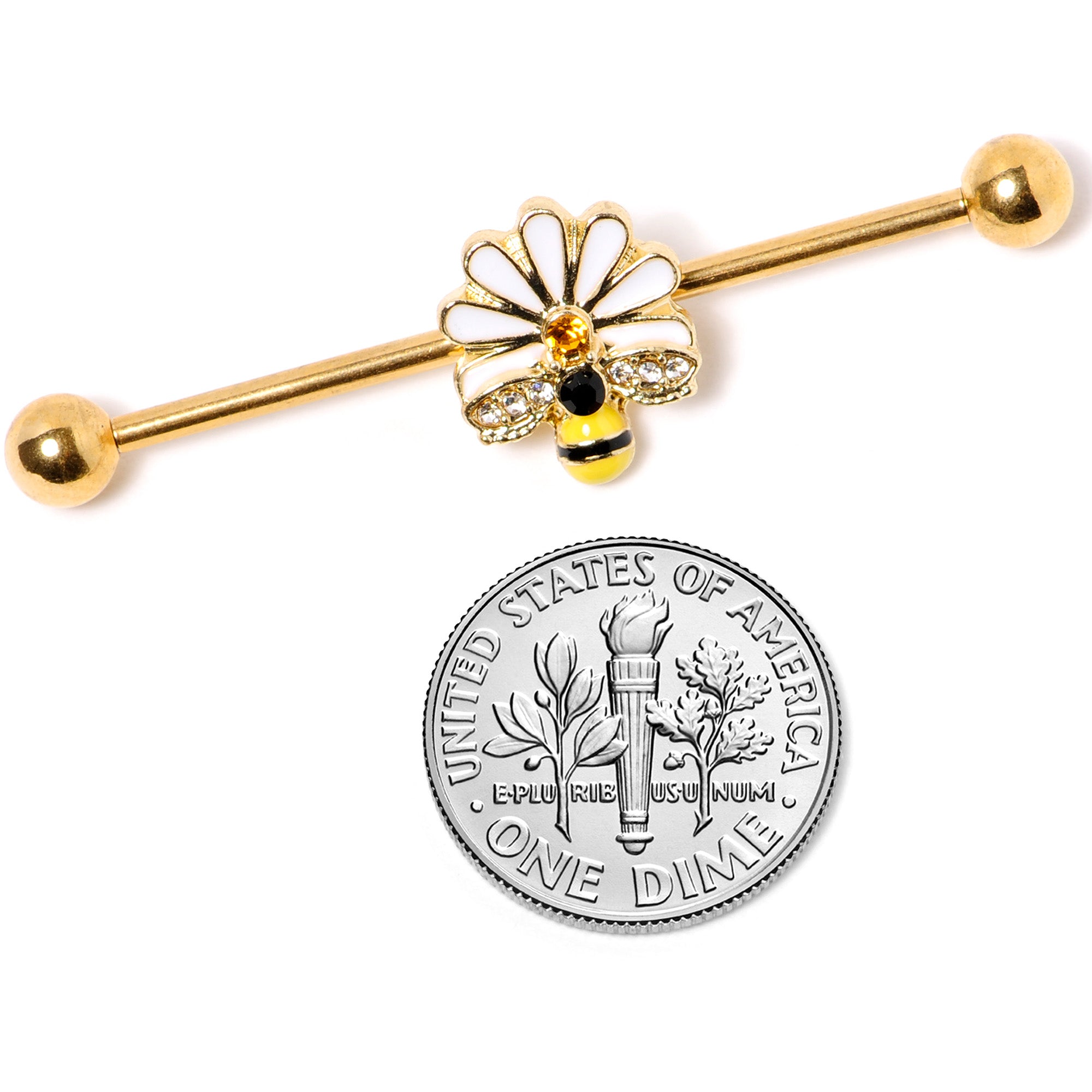 14 Gauge Gold Tone Flower Daisy Bee Industrial Barbell 38mm