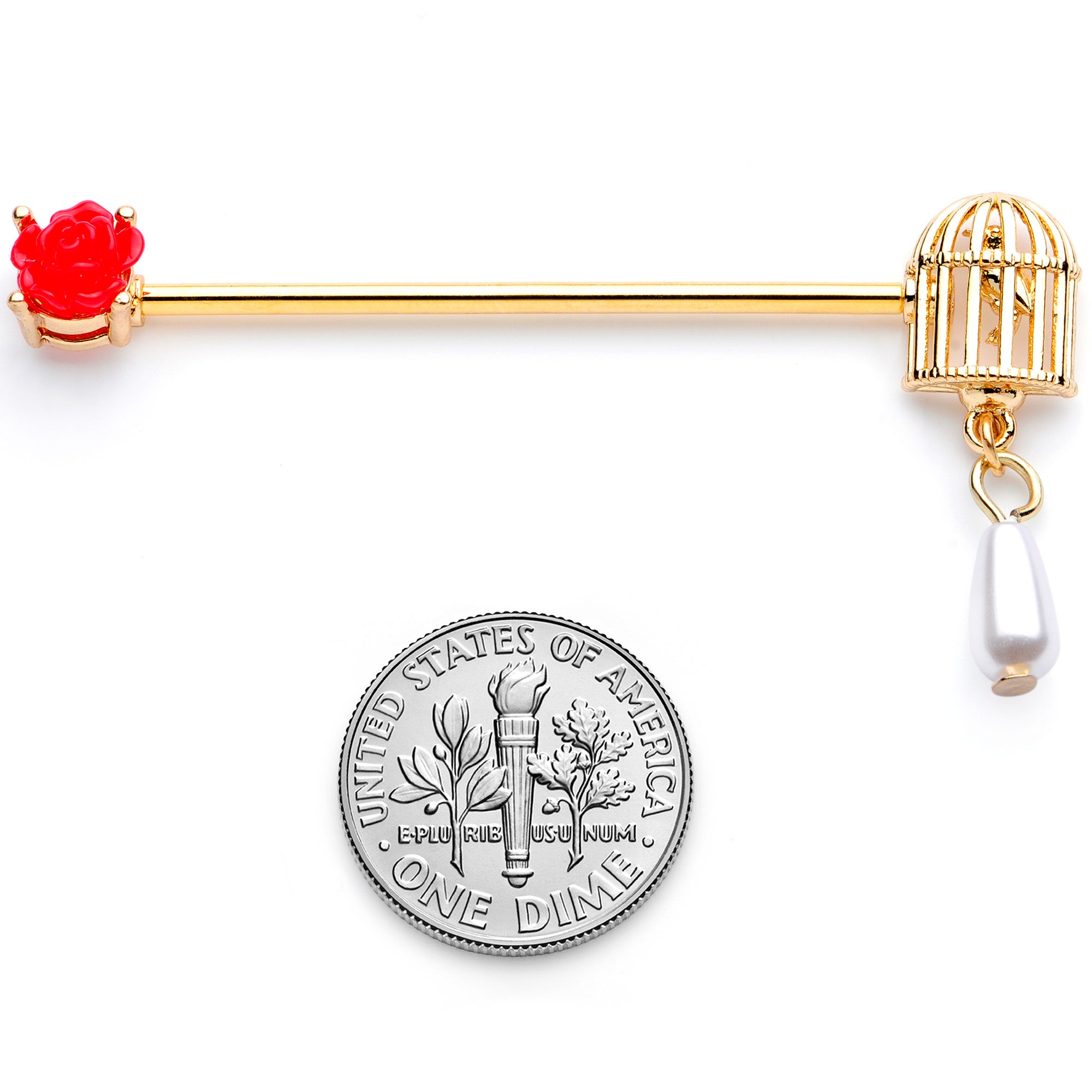 14 Gauge Gold Tone Red Flower Birdcage Industrial Barbell 38mm