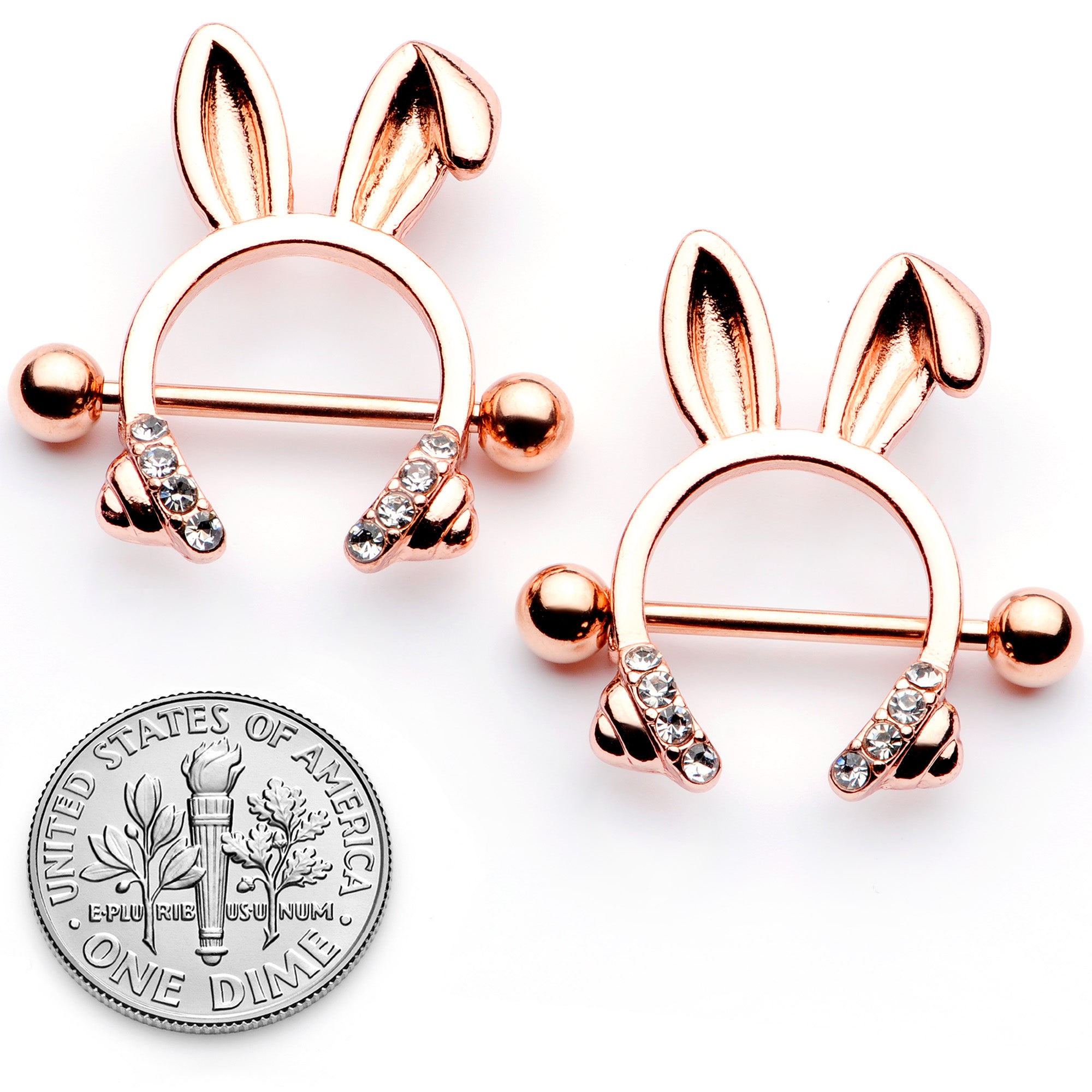 14 Gauge 9/16 Clear Gem Rose Gold Tone Bunny Ear Headphones Nipple Shield Set