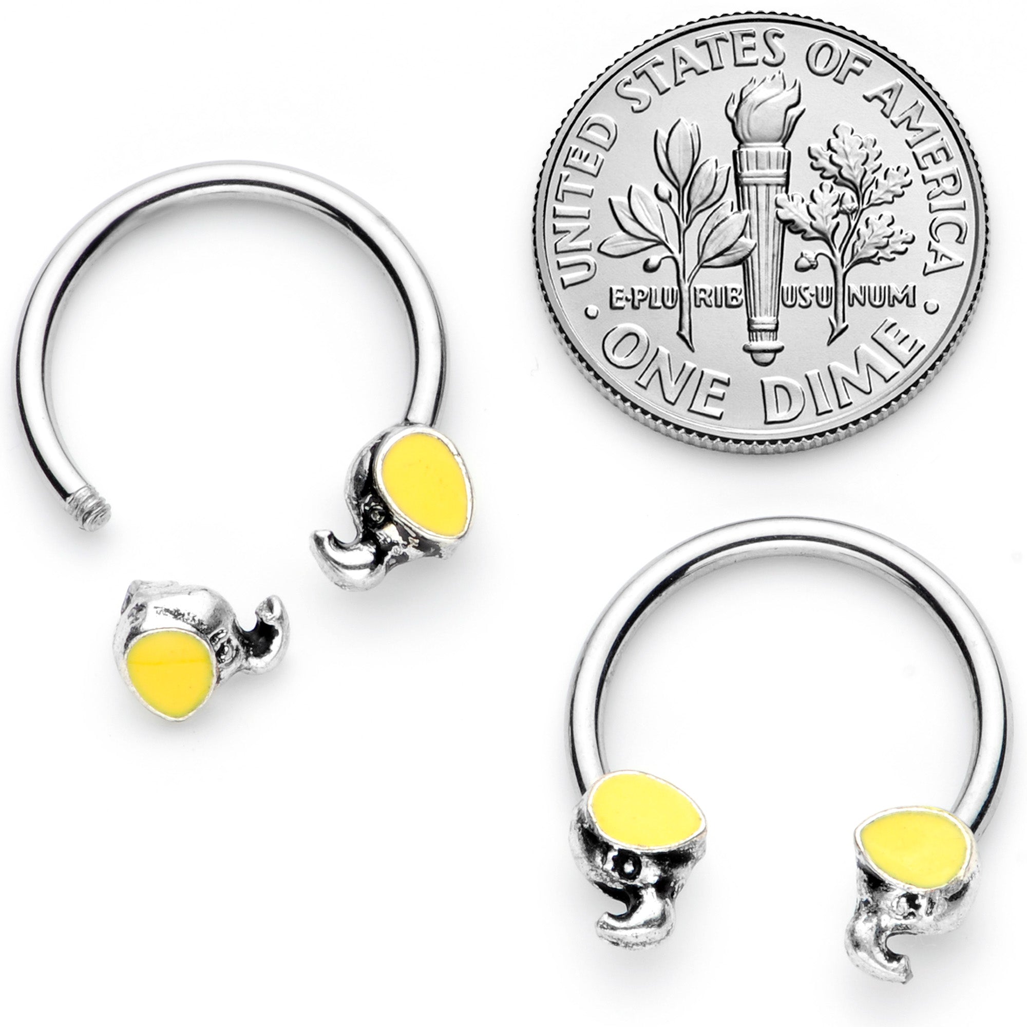 14 Gauge 1/2 Yellow End Elephant Horseshoe Nipple Ring Set