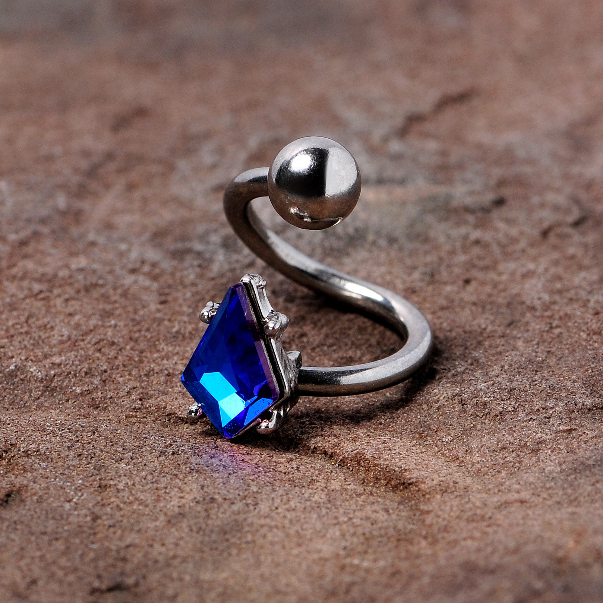 14 Gauge 3/8 Blue Gem Graceful Rhombus Spiral Twister Belly Ring