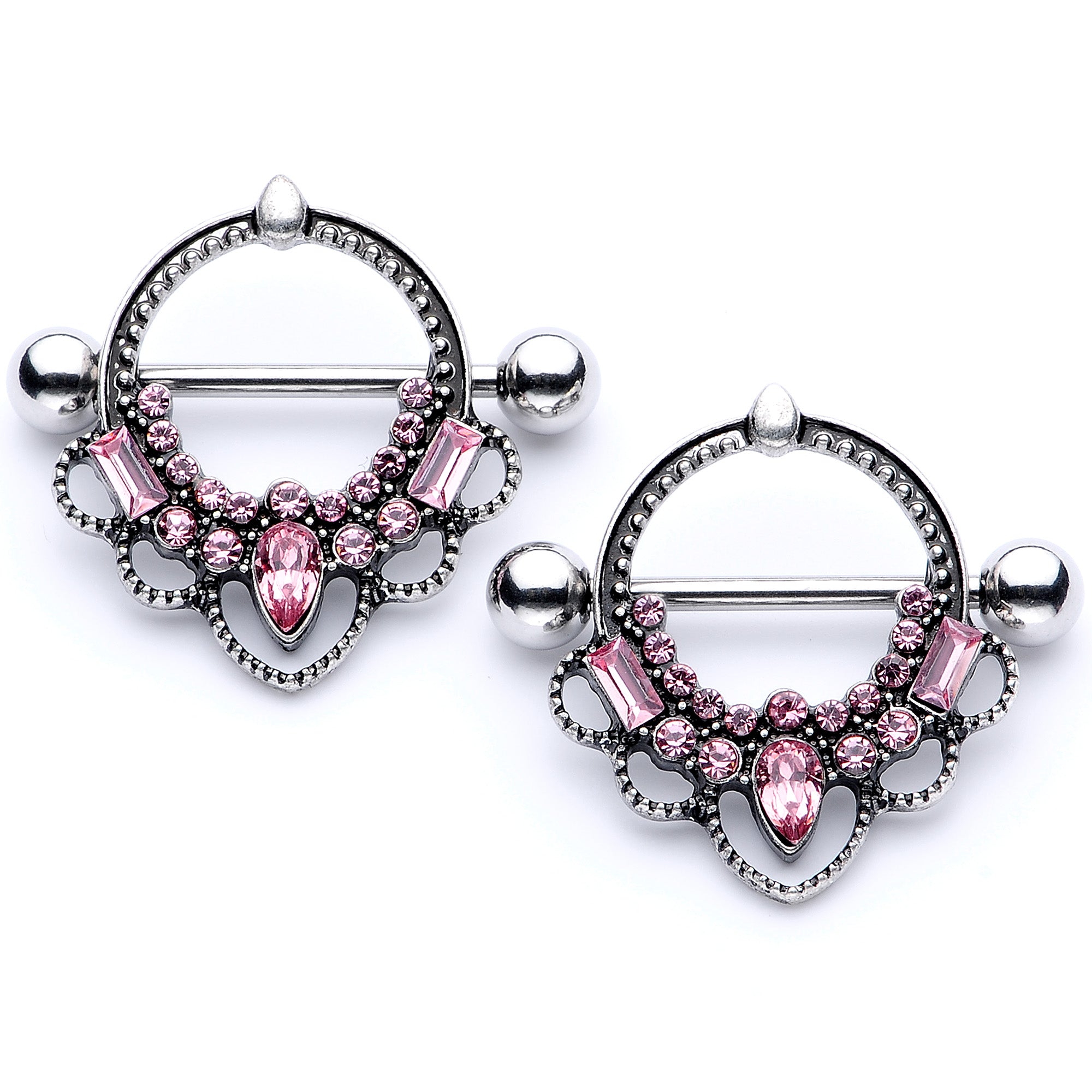 14 Gauge 5/8 Pink Gem Filigree Nipple Shield Set