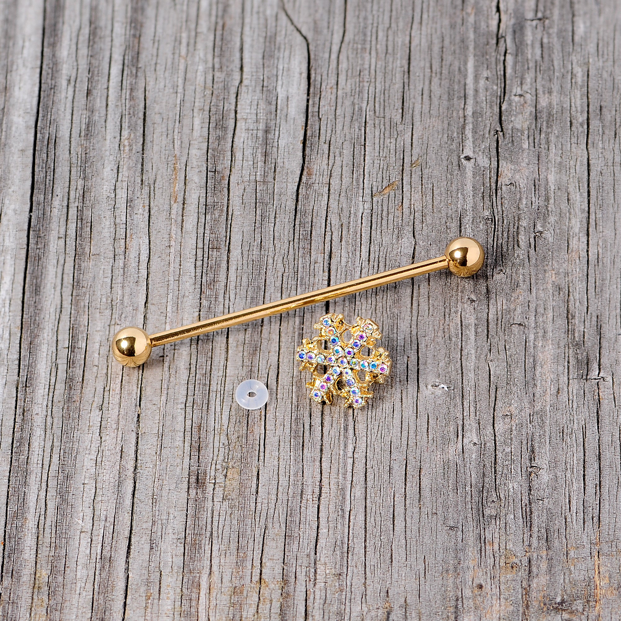 14 Gauge Aurora Gem Gold Tone Snowflake Industrial Barbell 38mm