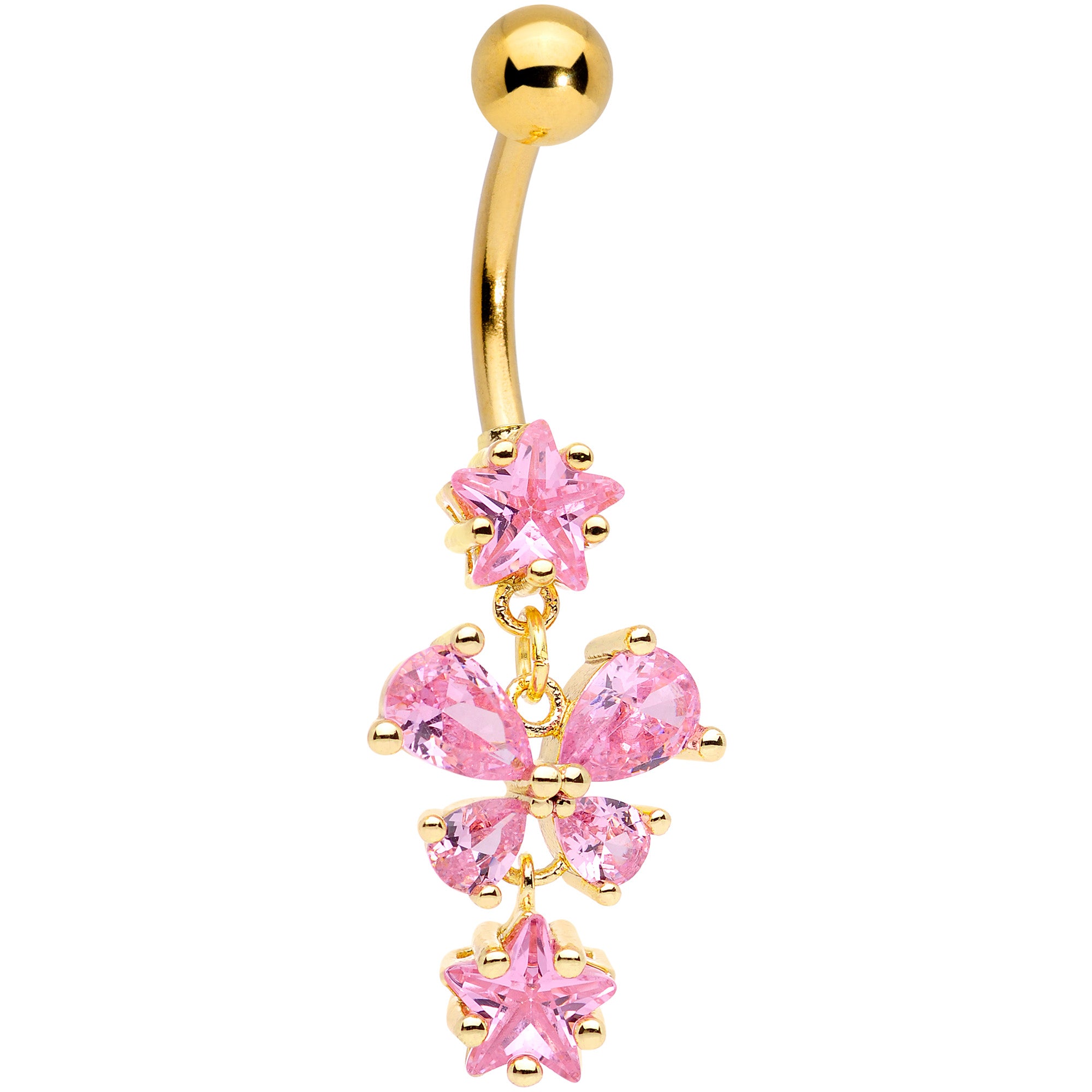 Pink Gem Gold Tone Star Bow Dangle Belly Ring