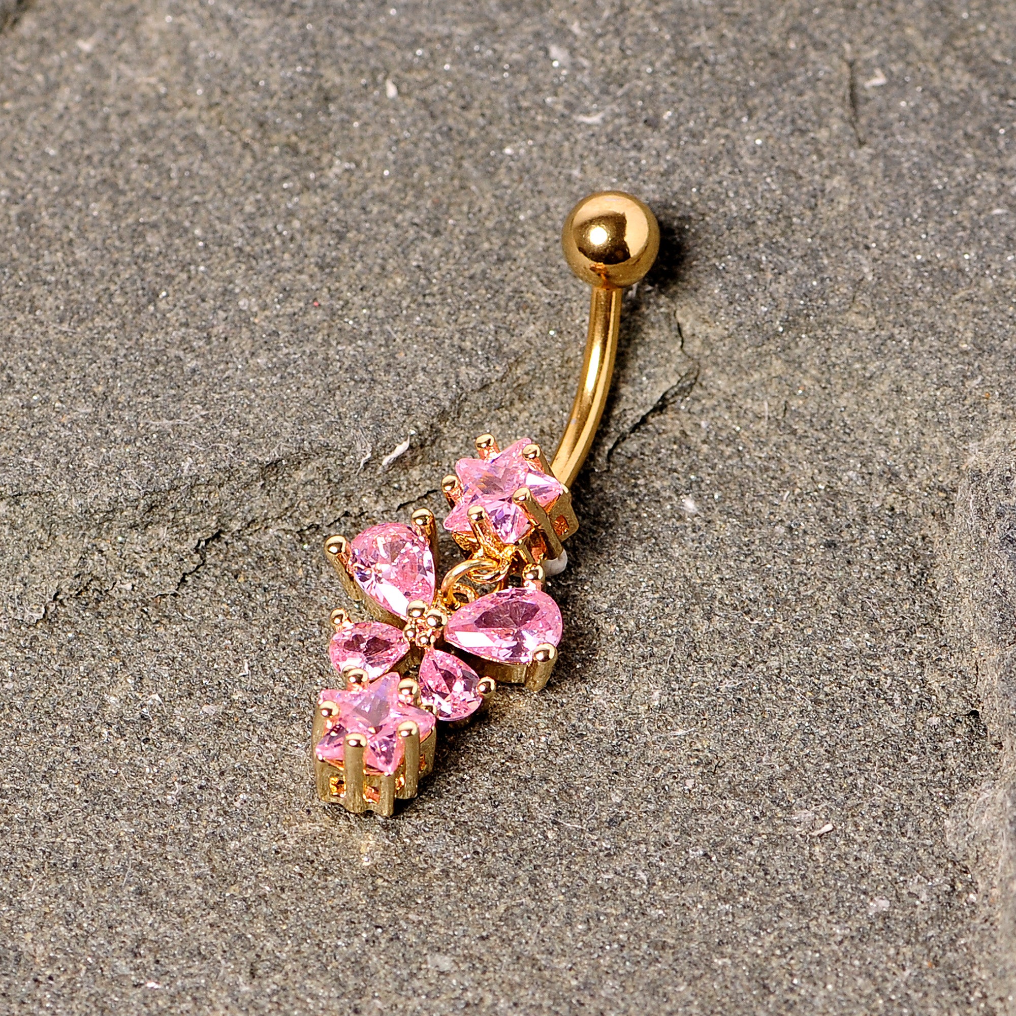 Pink Gem Gold Tone Star Bow Dangle Belly Ring