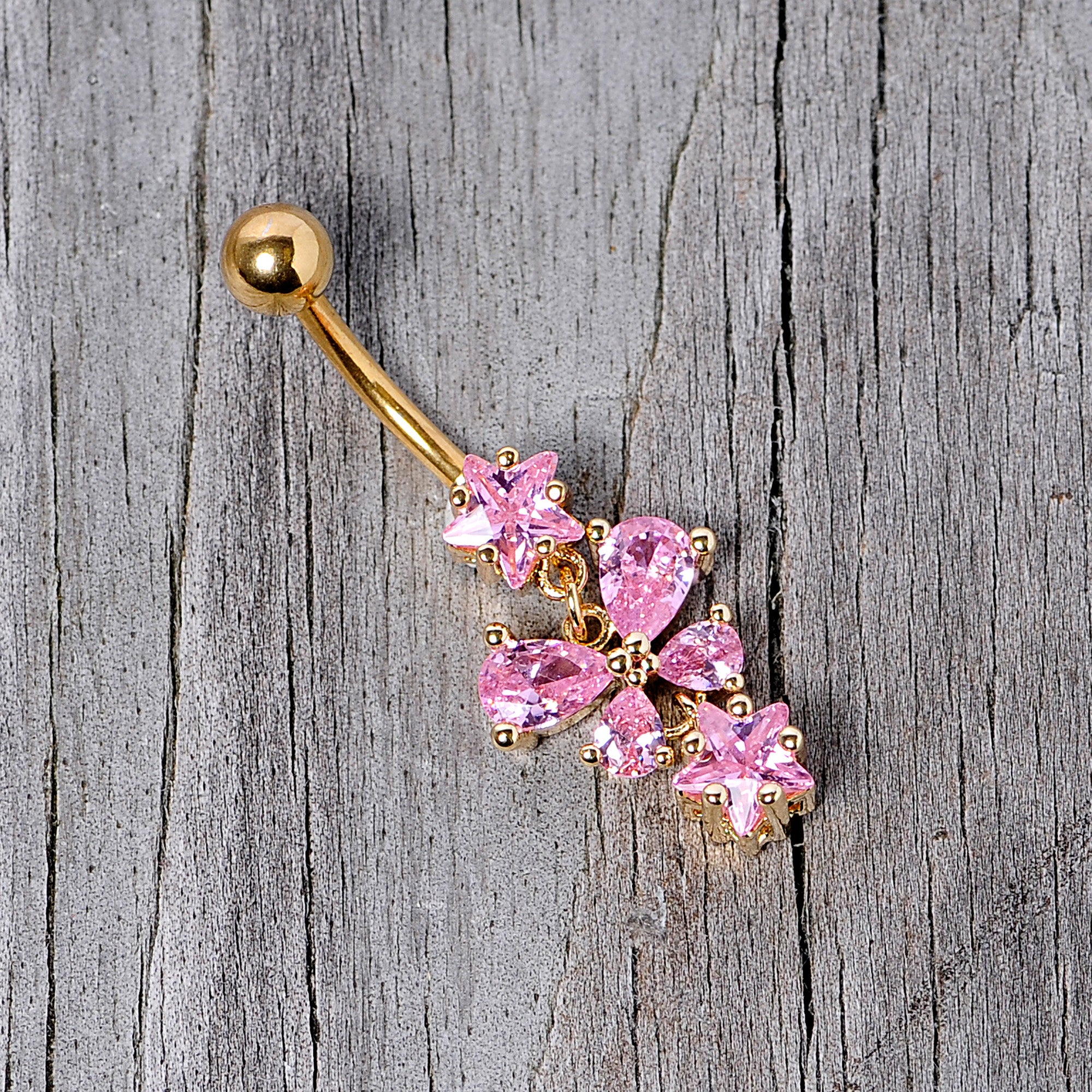 Pink Gem Gold Tone Star Bow Dangle Belly Ring