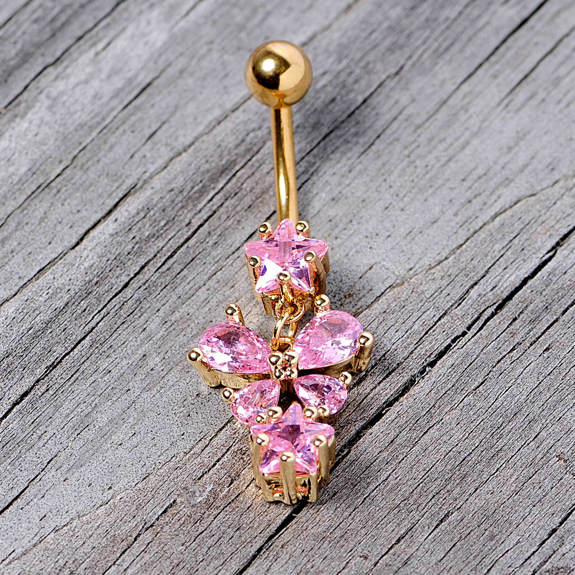 Pink Gem Gold Tone Star Bow Dangle Belly Ring