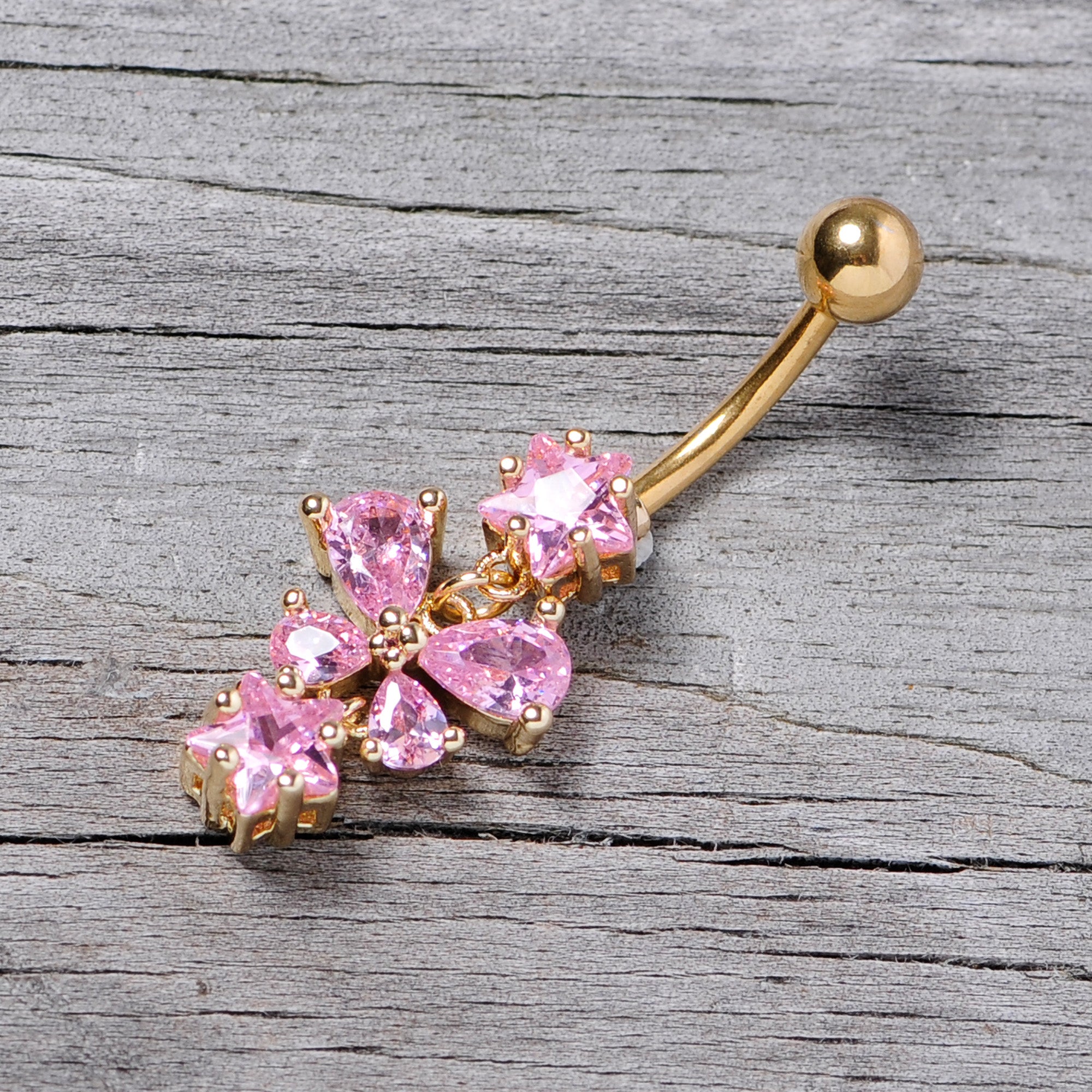 Pink Gem Gold Tone Star Bow Dangle Belly Ring