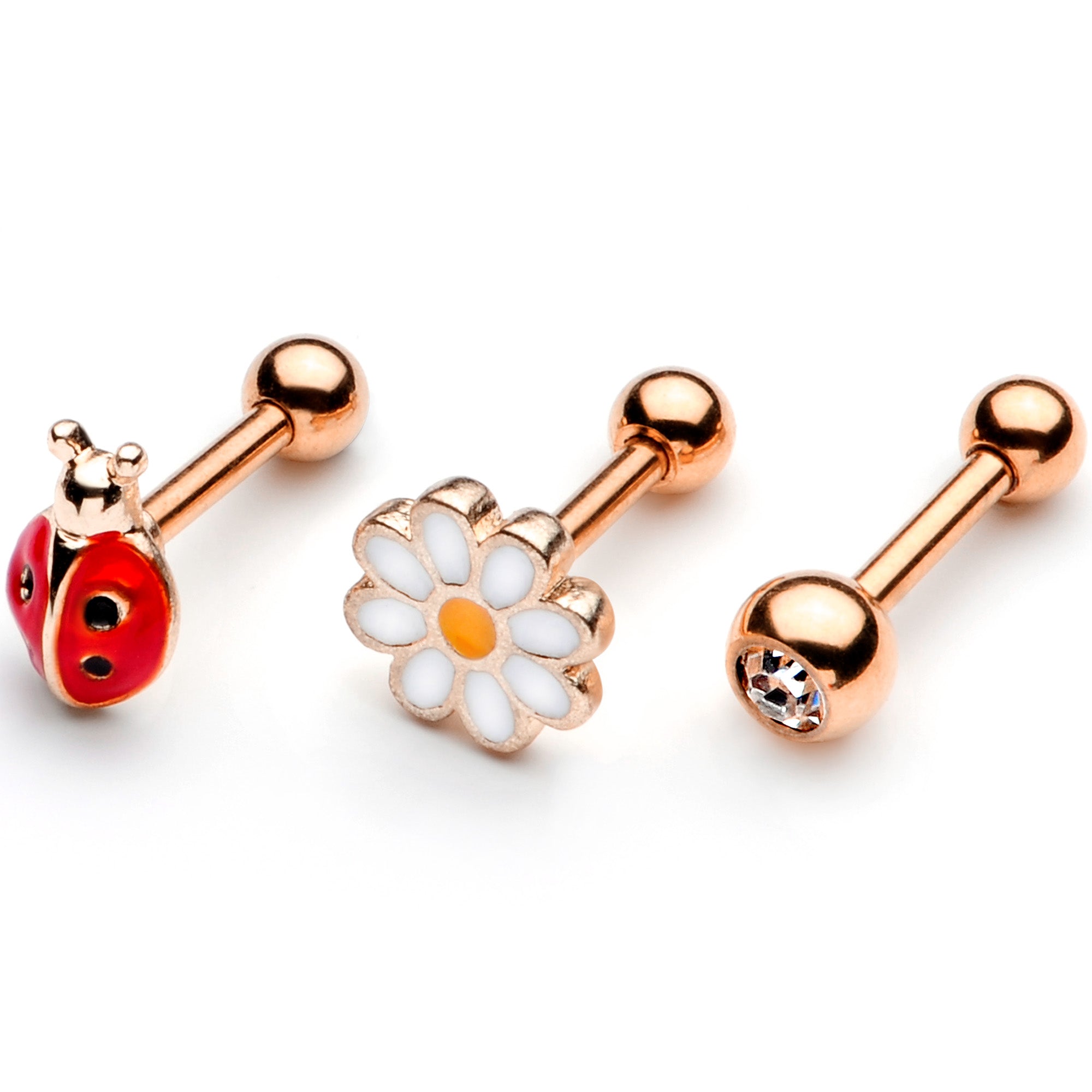 16 Gauge 1/4 Clear Gem Rose Gold Hue Ladybug Cartilage Tragus Set of 3