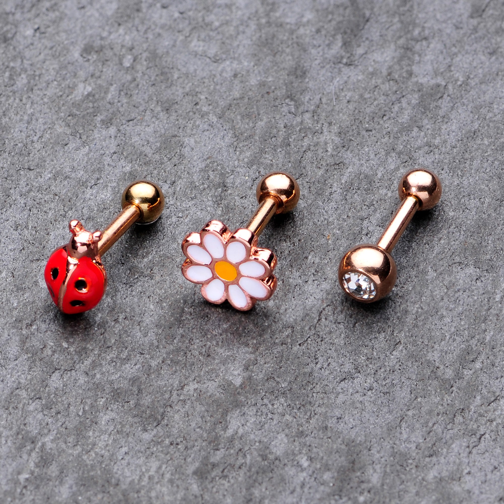 16 Gauge 1/4 Clear Gem Rose Gold Hue Ladybug Cartilage Tragus Set of 3