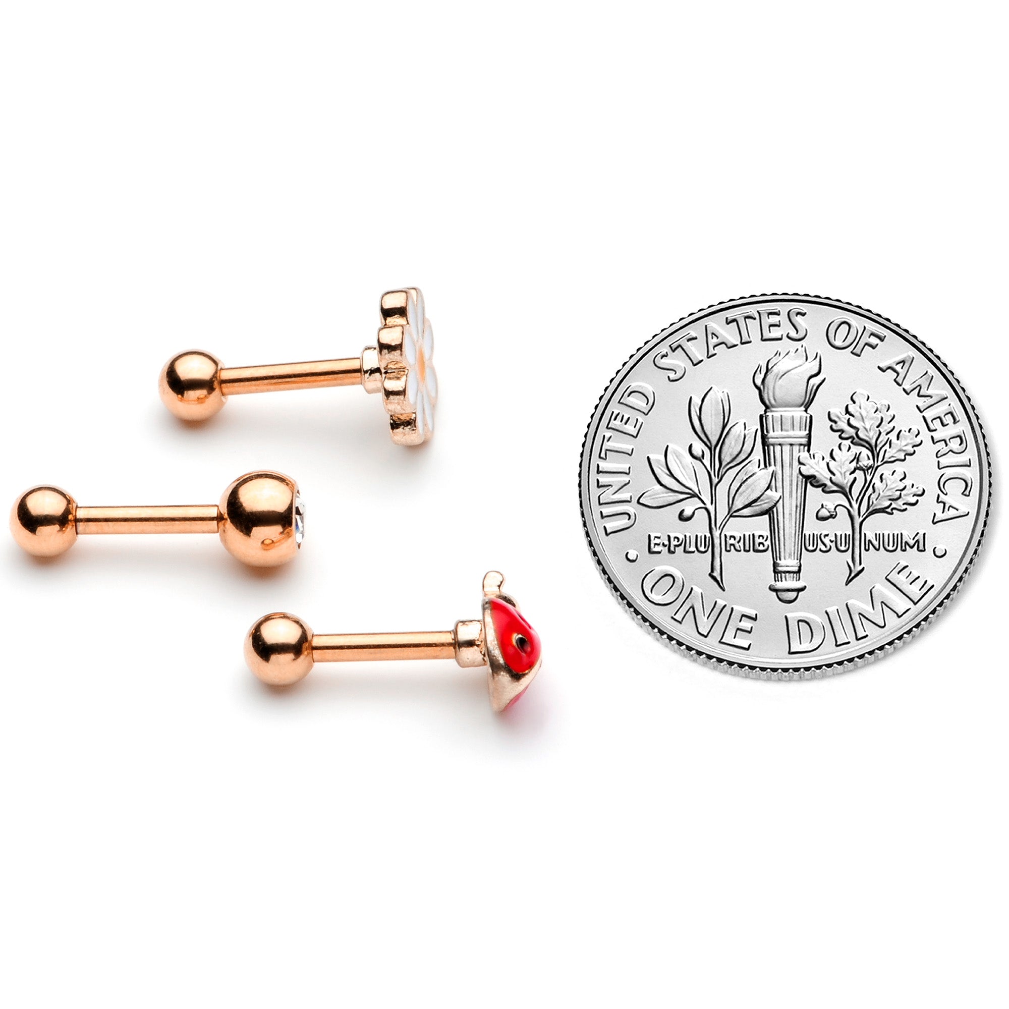 16 Gauge 1/4 Clear Gem Rose Gold Hue Ladybug Cartilage Tragus Set of 3