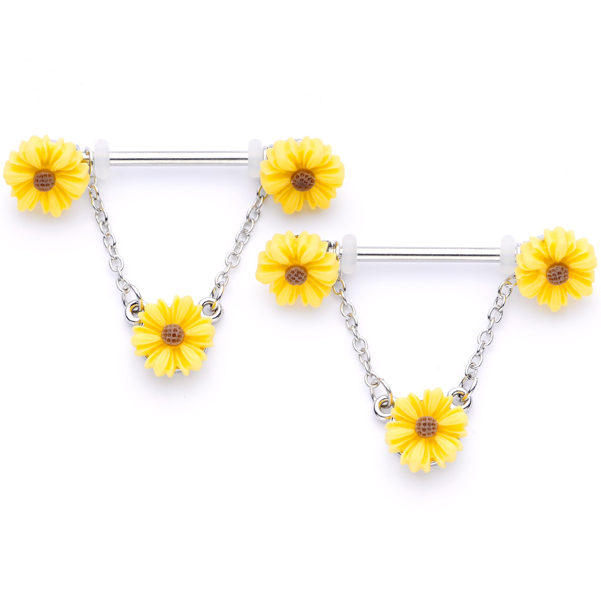 14 Gauge 5/8 Yellow Sunflowers Dangle Nipple Ring Set