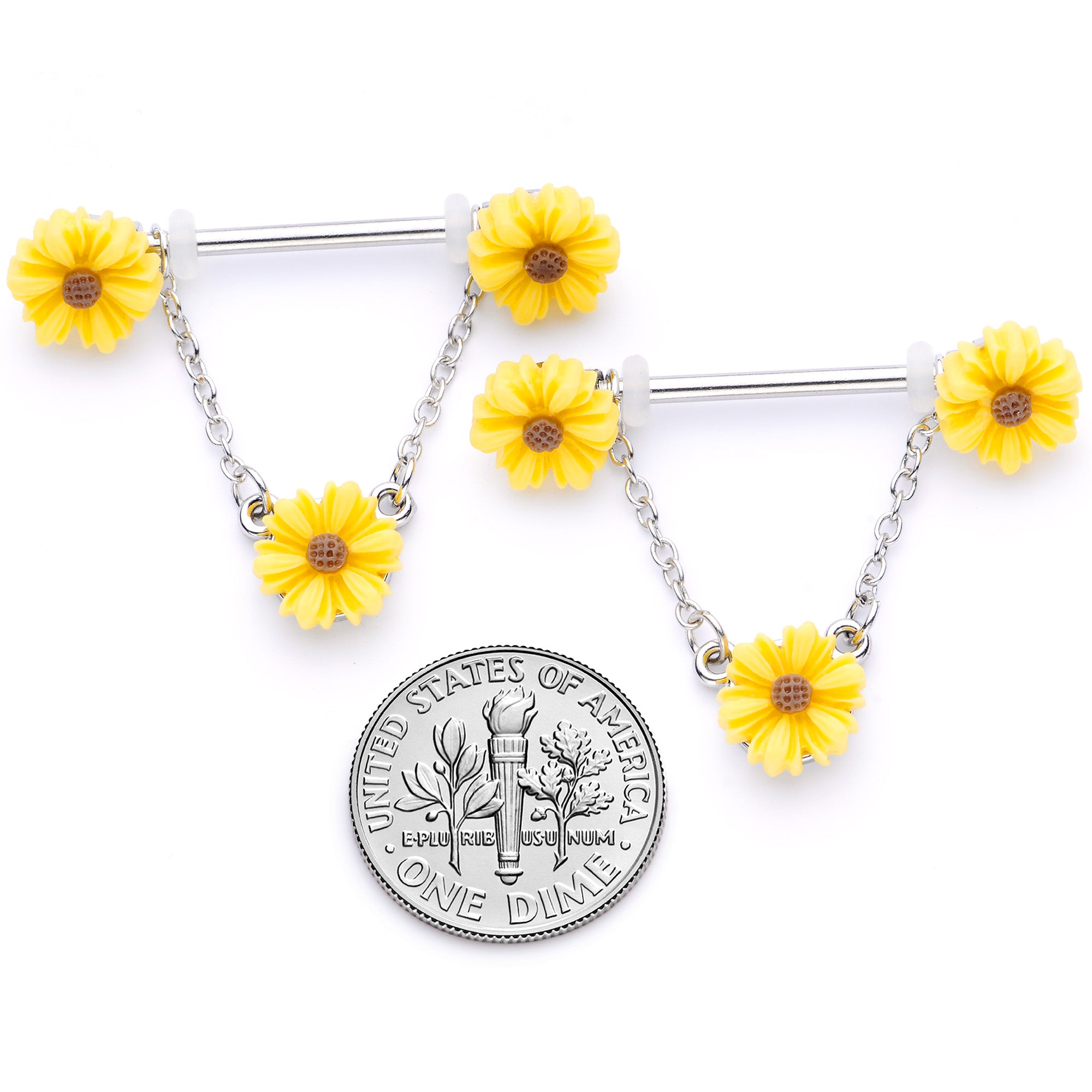 14 Gauge 5/8 Yellow Sunflowers Dangle Nipple Ring Set