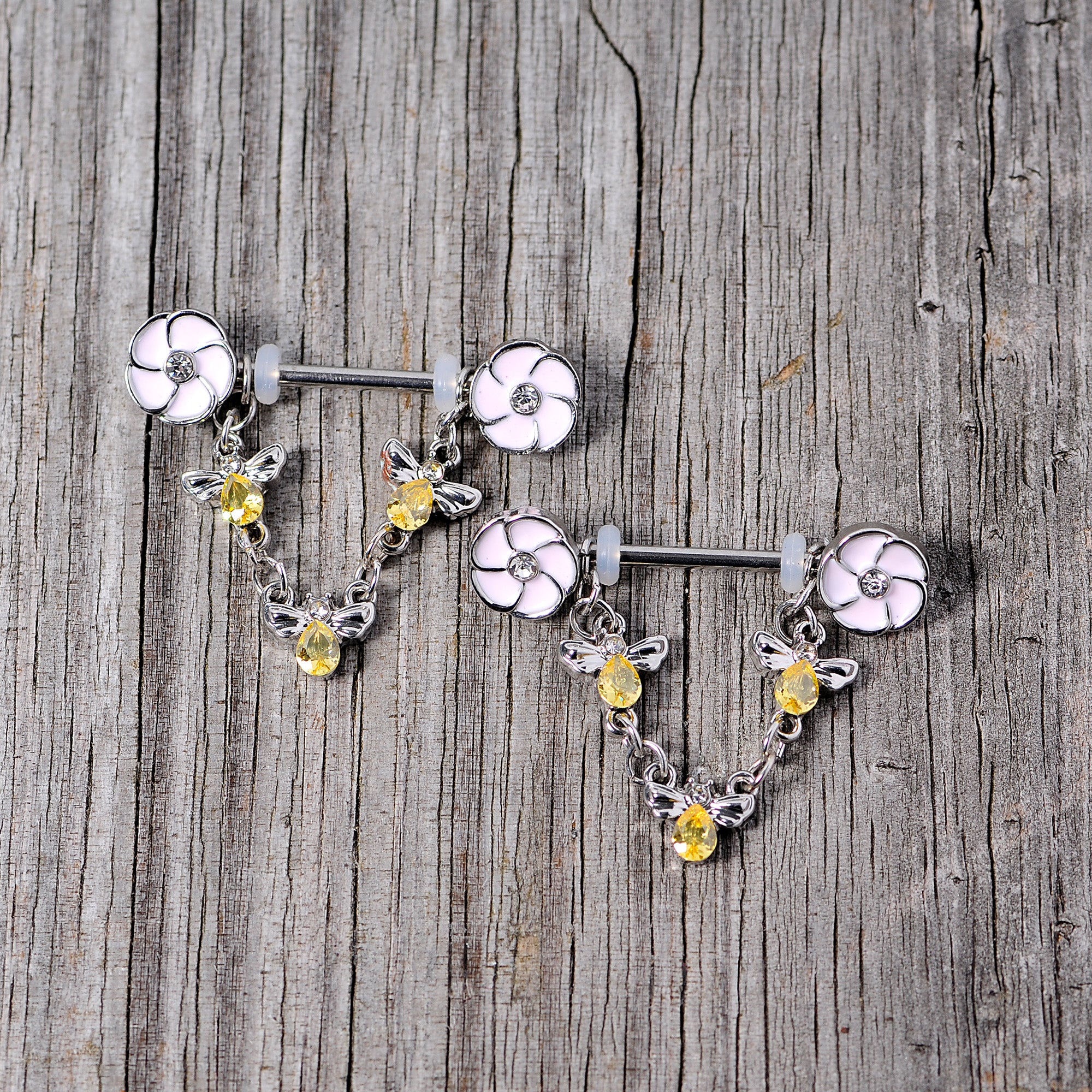 14 Gauge 5/8 Yellow Clear Gem Bee Flower Dangle Nipple Ring Set