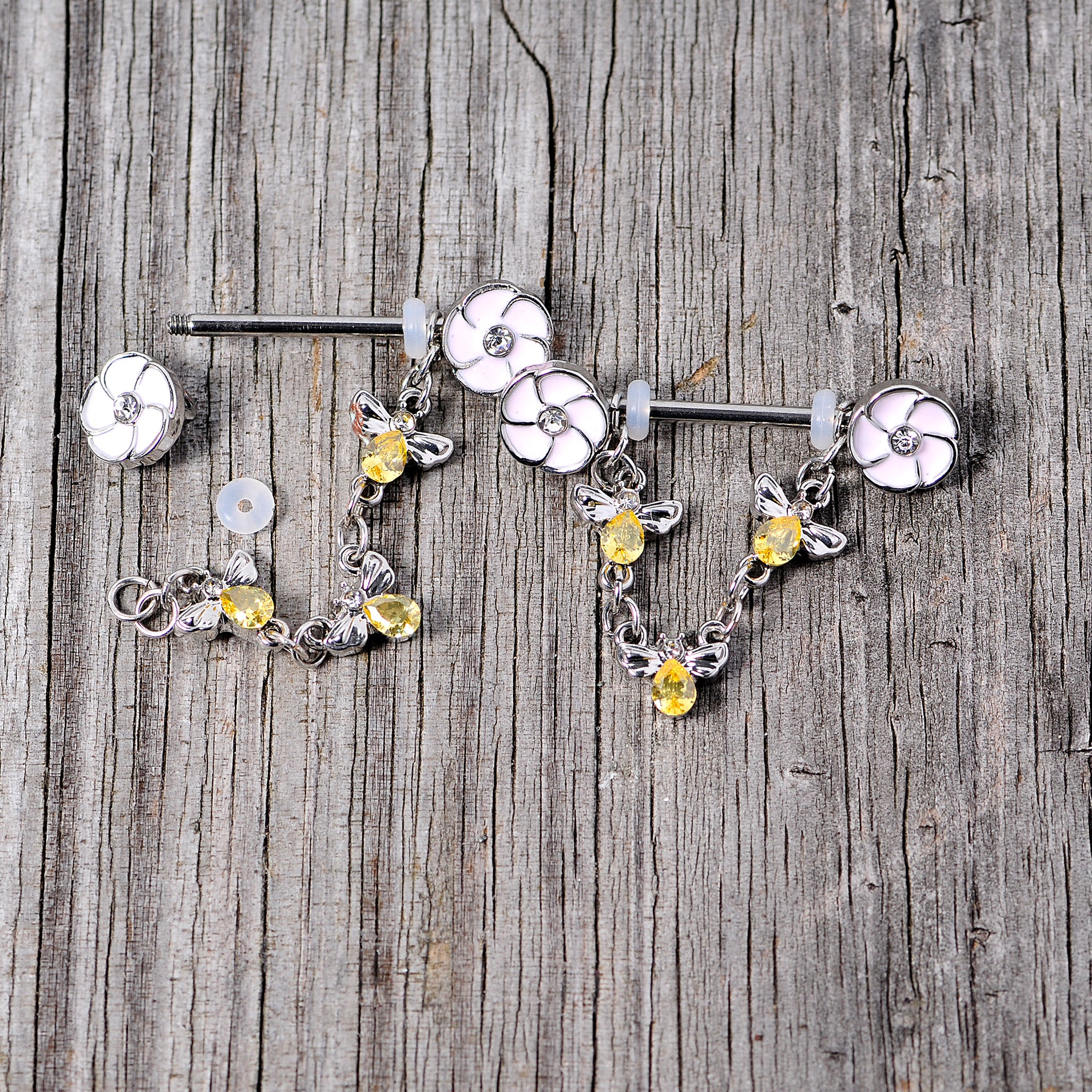 14 Gauge 5/8 Yellow Clear Gem Bee Flower Dangle Nipple Ring Set