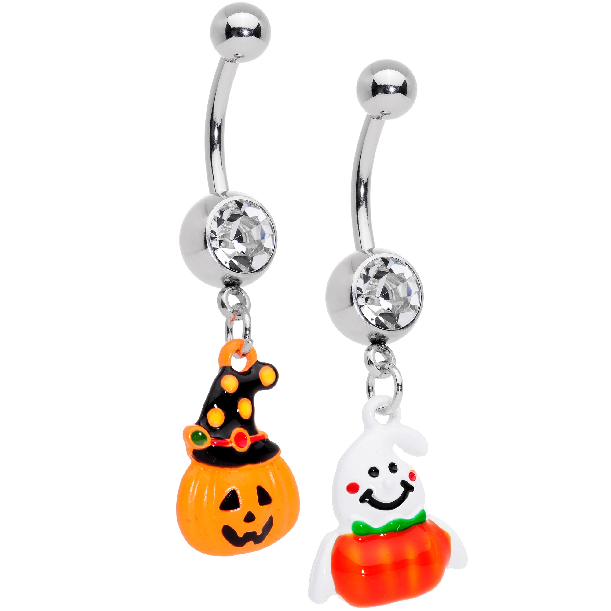 Clear Gem Jack O Lantern Ghost Halloween Dangle Belly Ring Set of 2