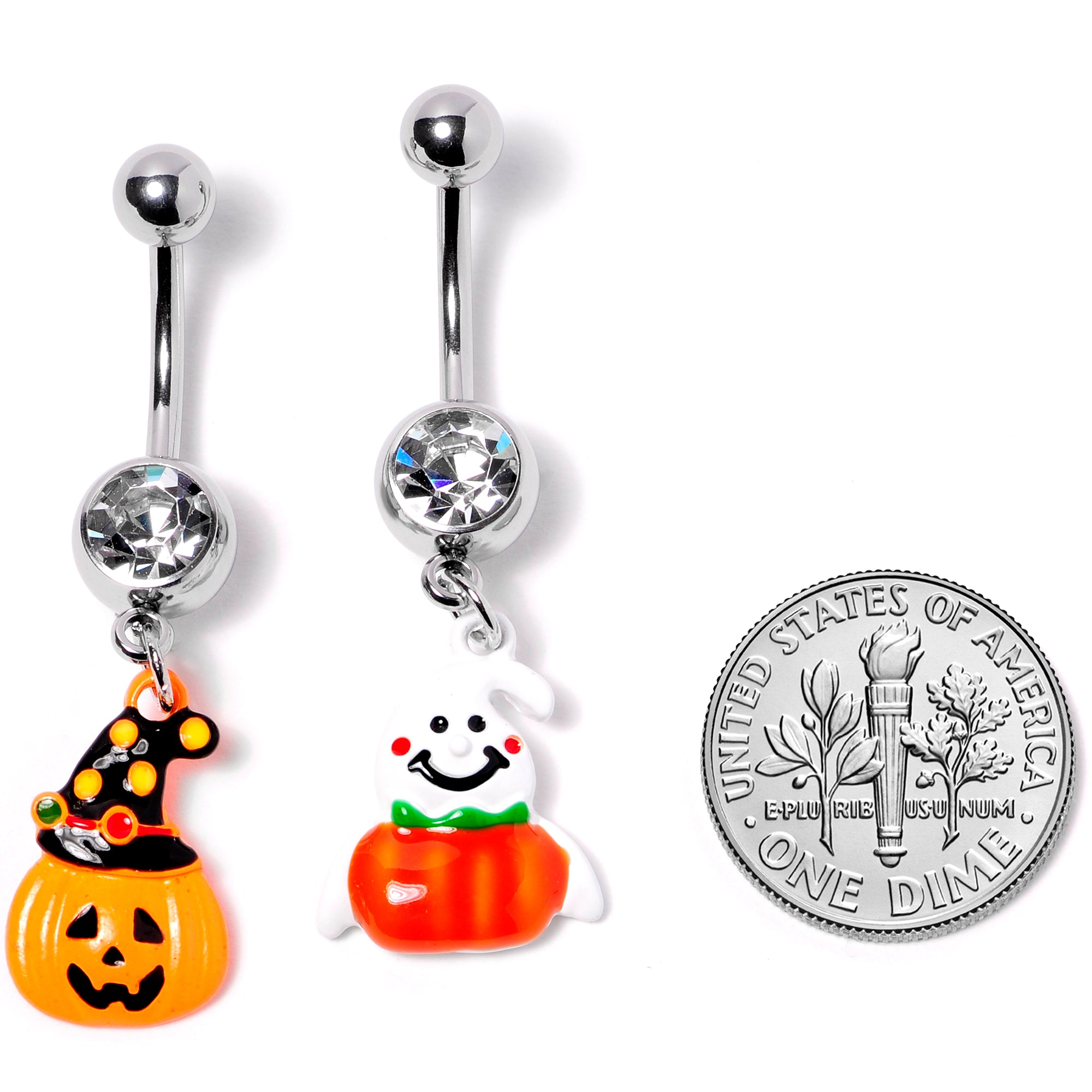 Clear Gem Jack O Lantern Ghost Halloween Dangle Belly Ring Set of 2