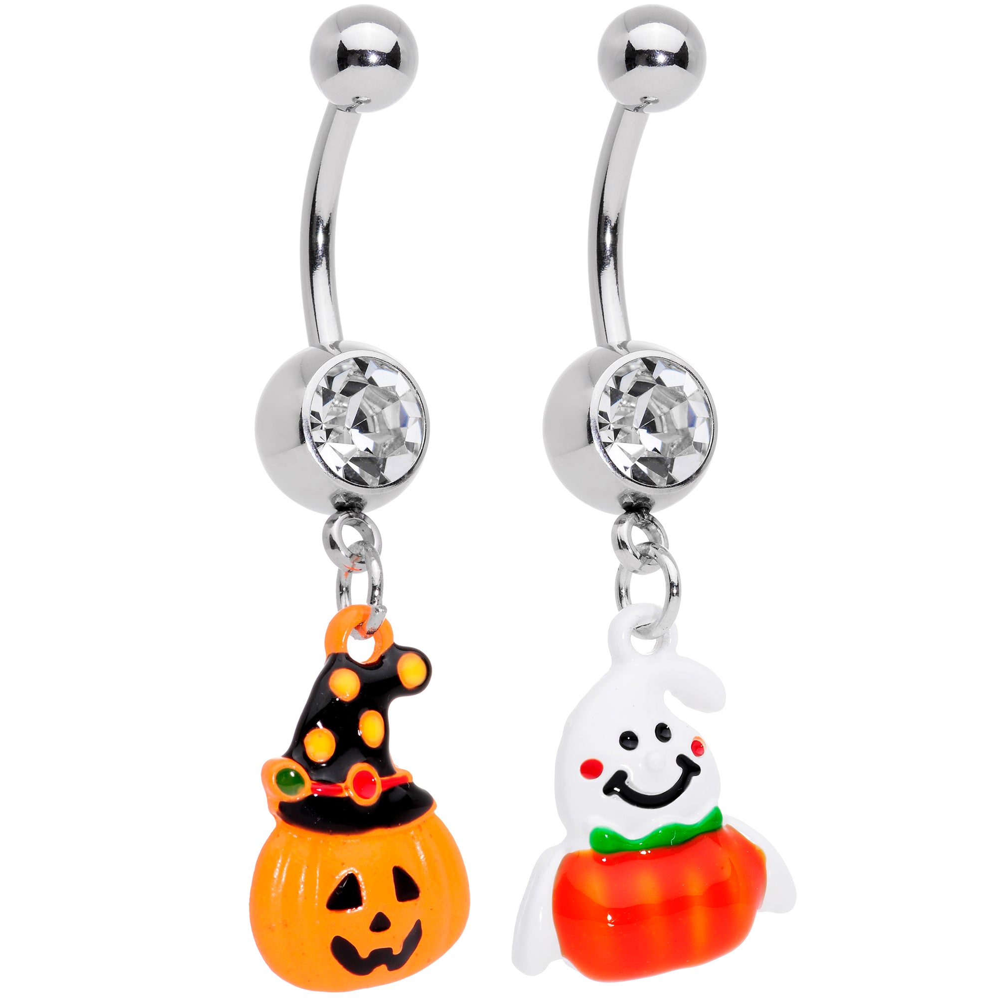 Clear Gem Jack O Lantern Ghost Halloween Dangle Belly Ring Set of 2