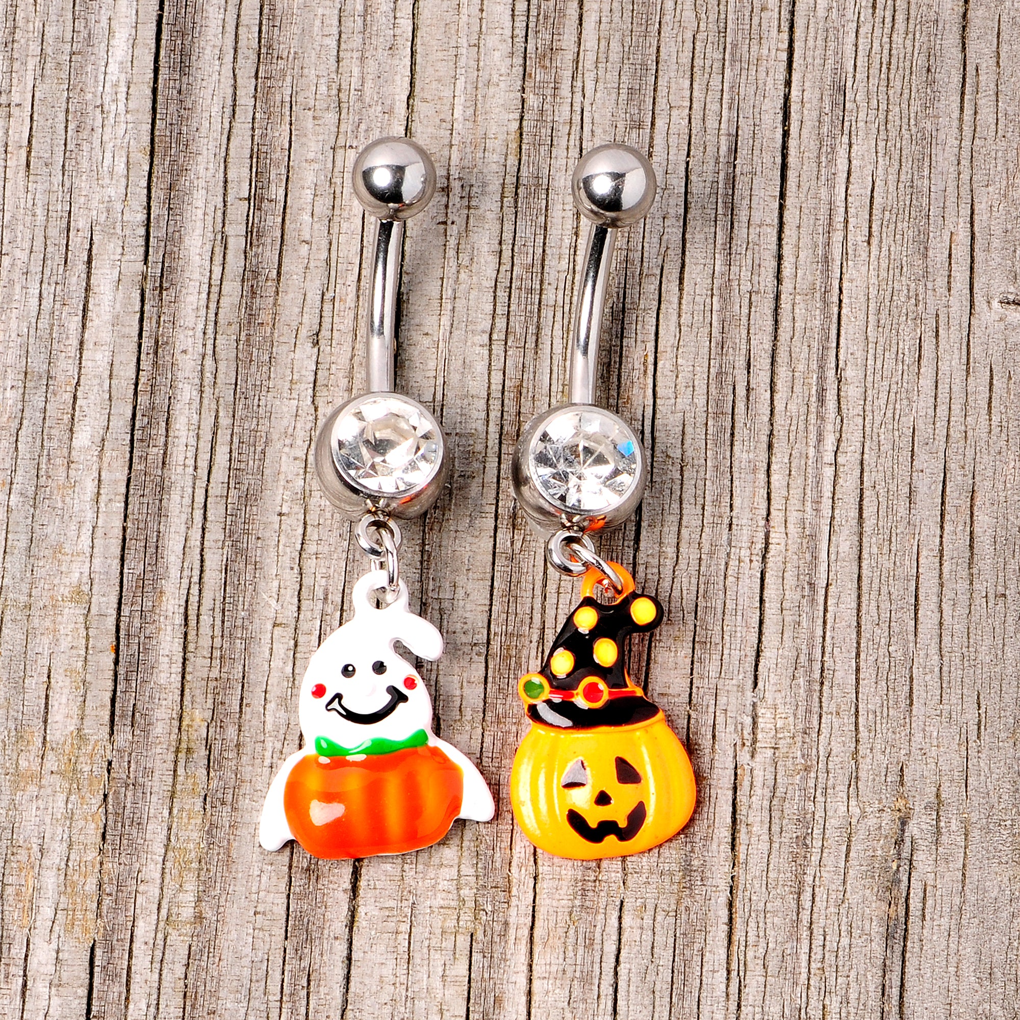 Clear Gem Jack O Lantern Ghost Halloween Dangle Belly Ring Set of 2