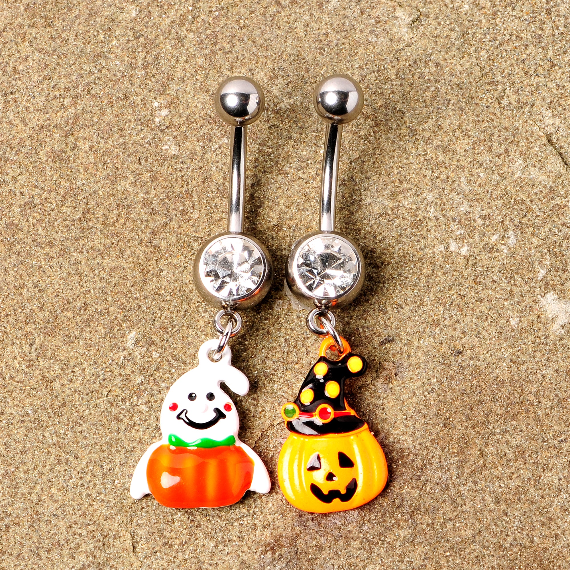 Clear Gem Jack O Lantern Ghost Halloween Dangle Belly Ring Set of 2