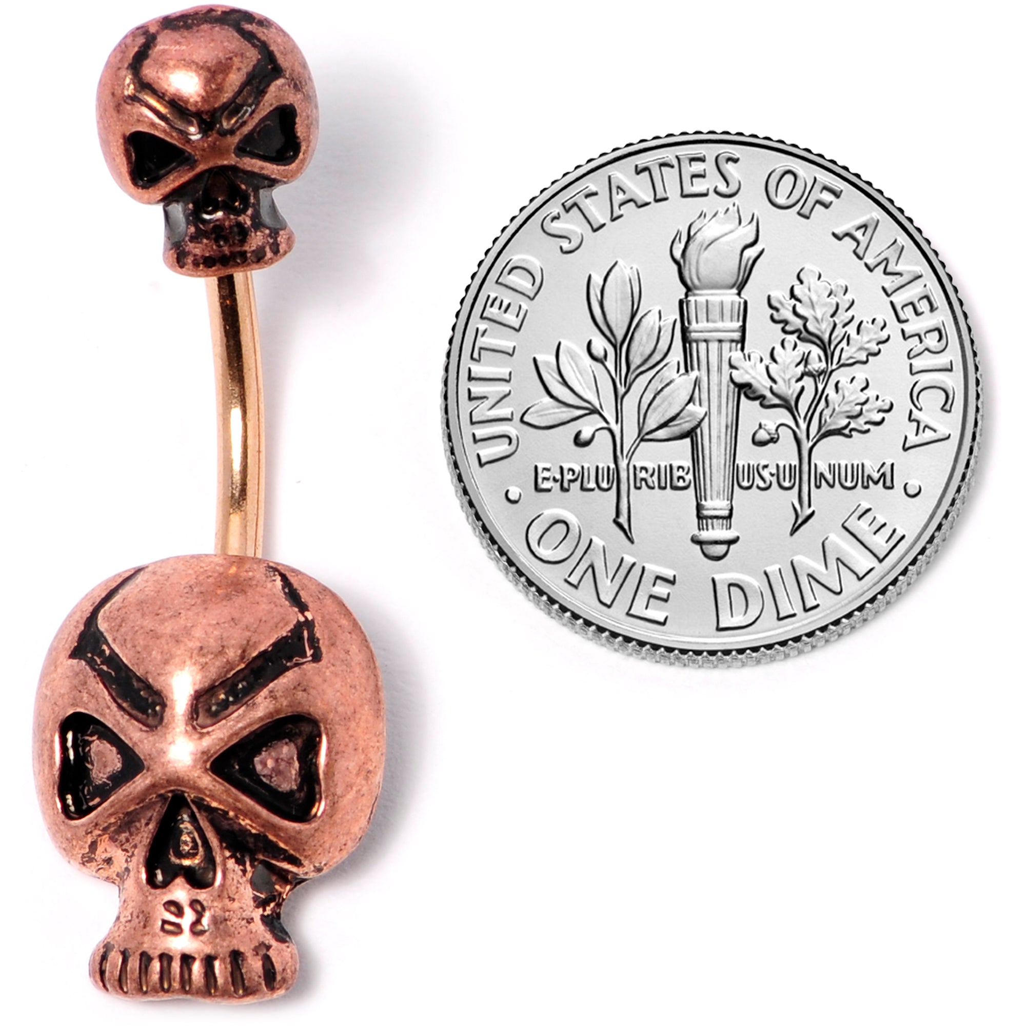 Rose Gold Tone Scary Double Skull Halloween Double Mount Belly Ring