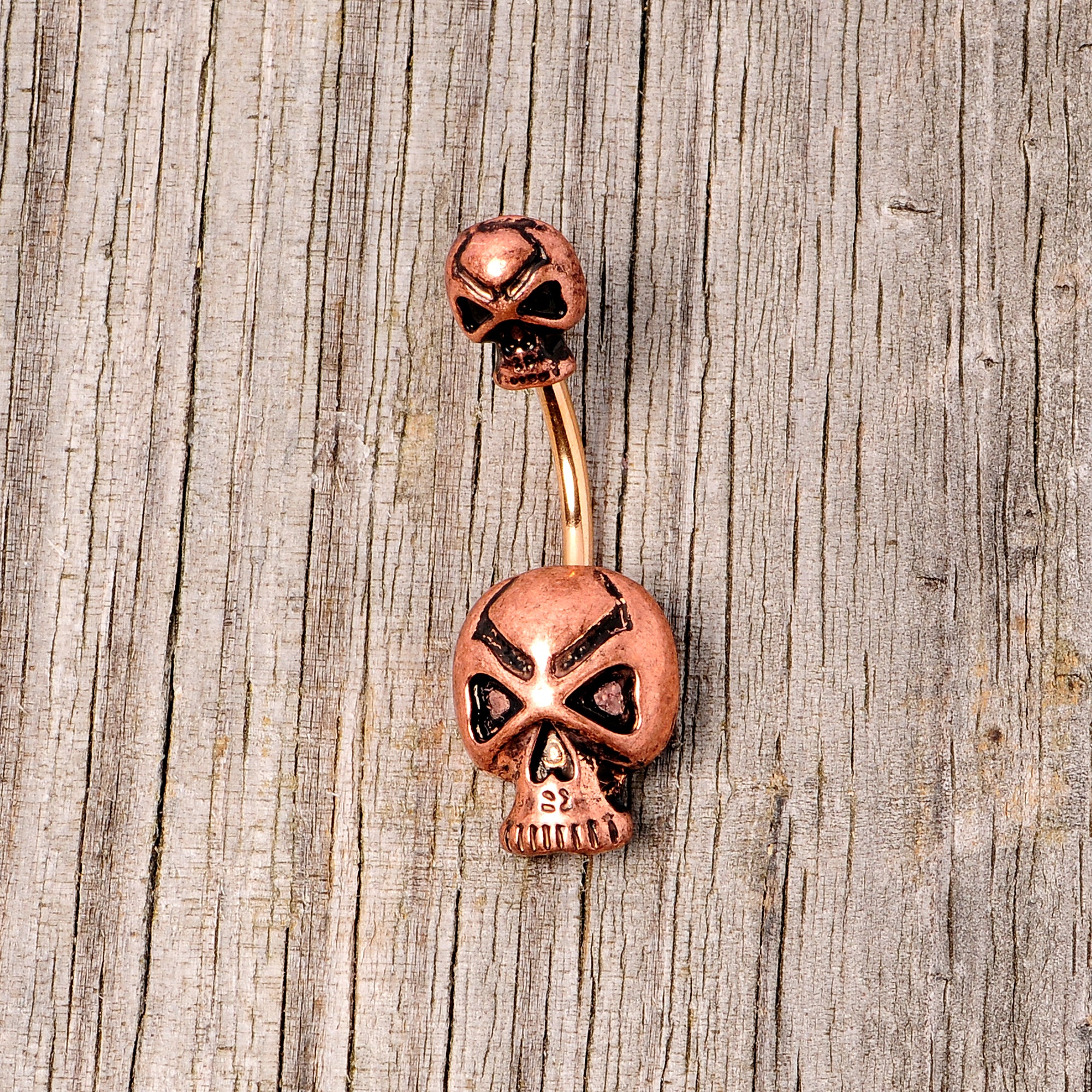 Rose Gold Tone Scary Double Skull Halloween Double Mount Belly Ring