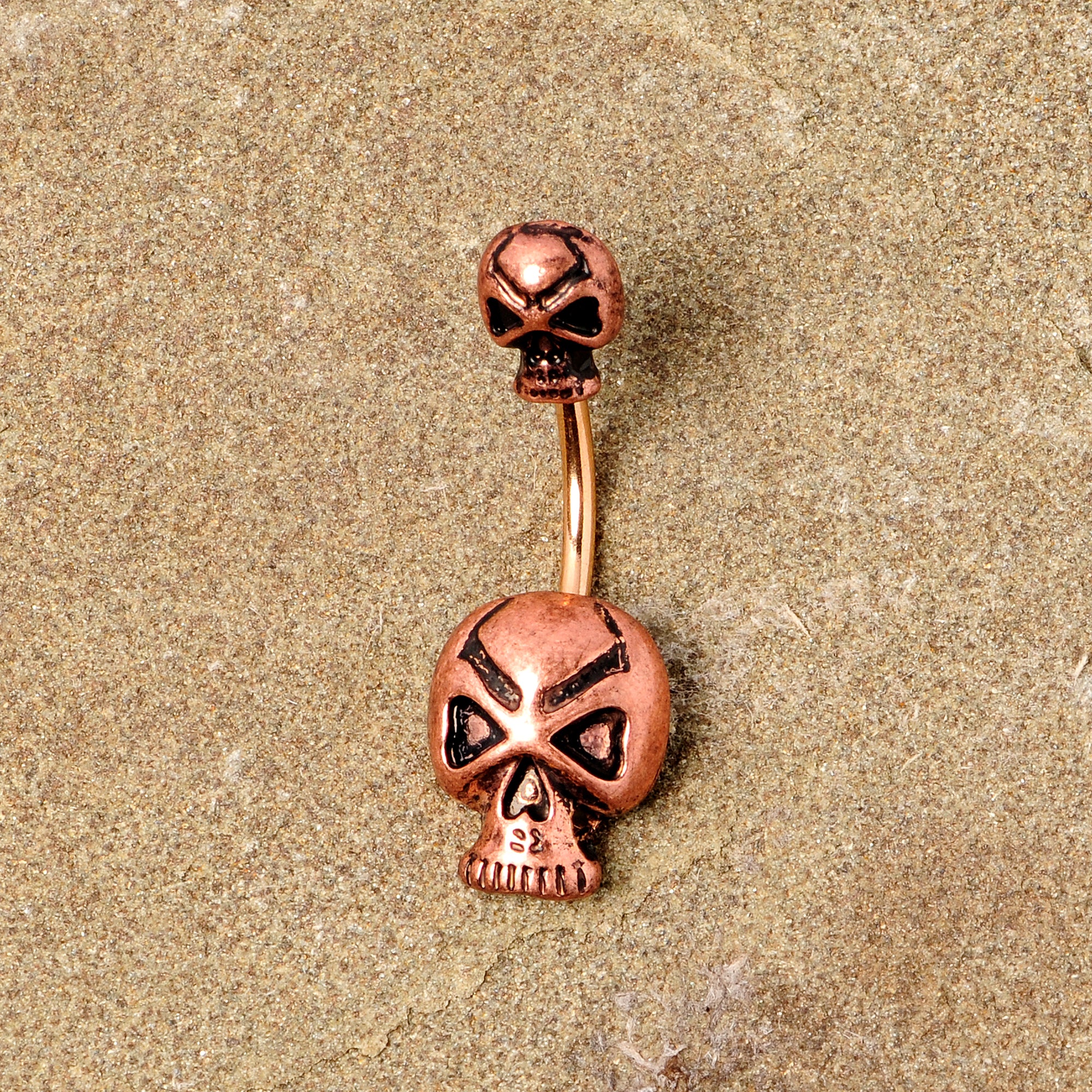 Rose Gold Tone Scary Double Skull Halloween Double Mount Belly Ring