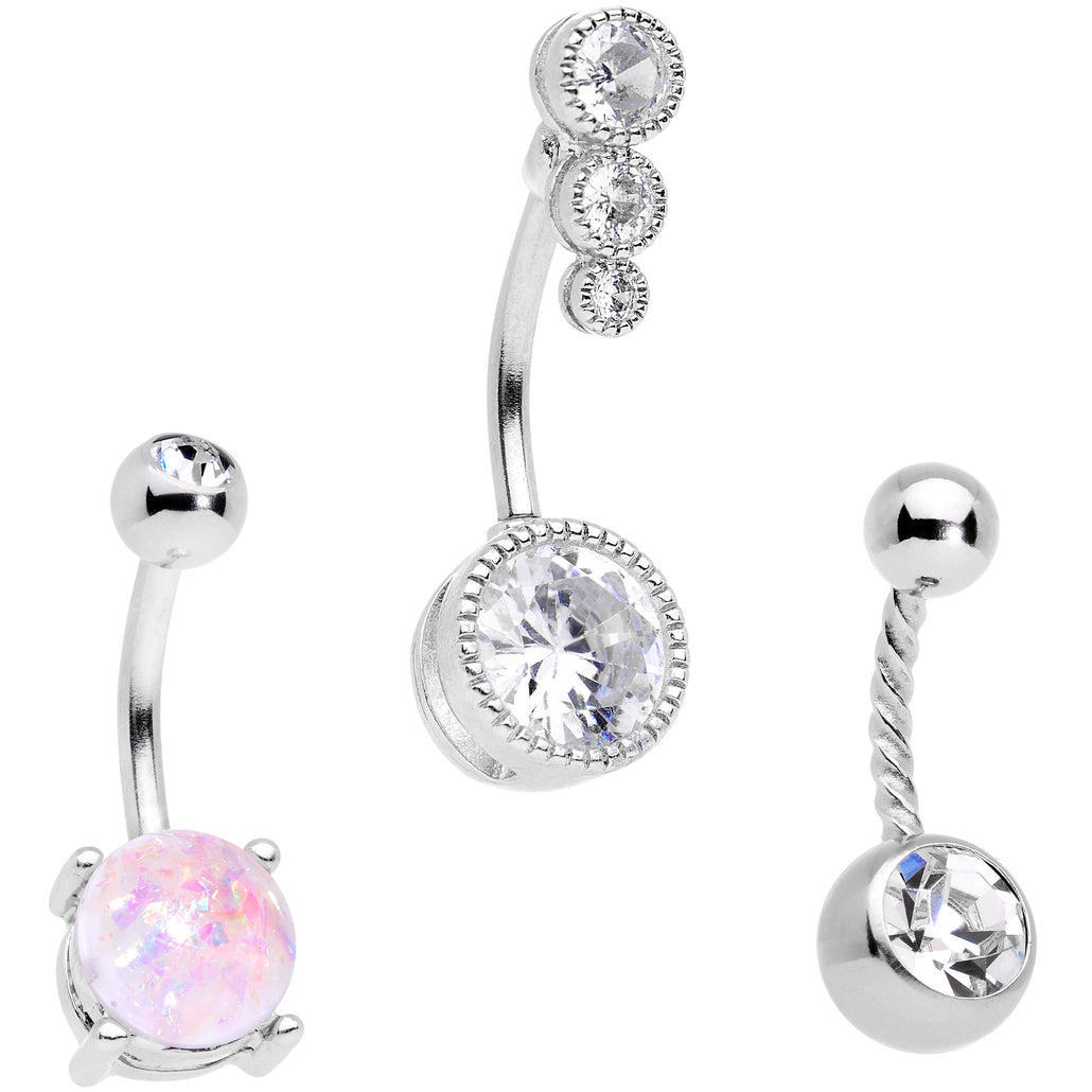 Clear Gem White Faux Opal Twisted Belly Ring Set of 3