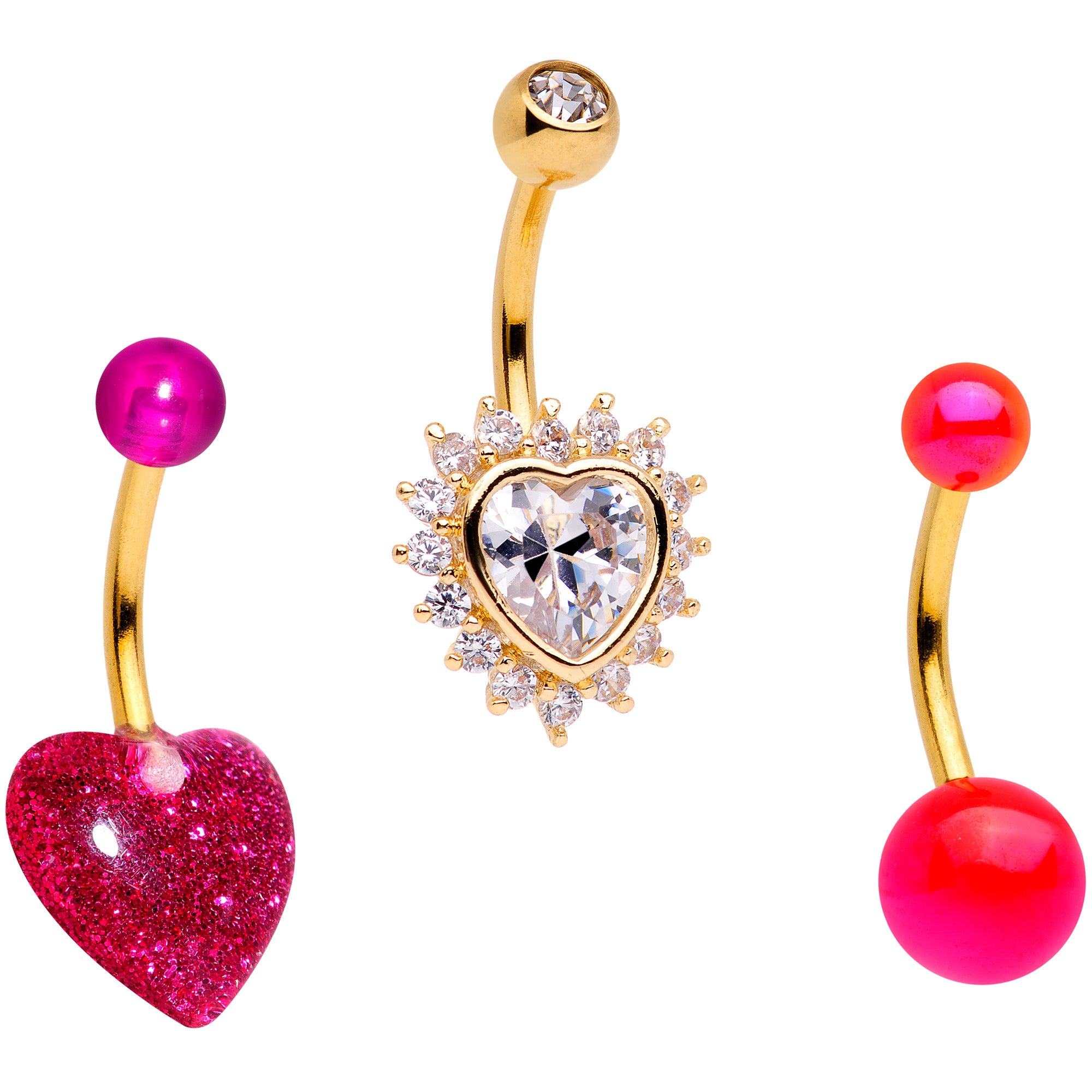 Clear Gem Gold Tone Pink UV Glow Heart Belly Ring Set of 3