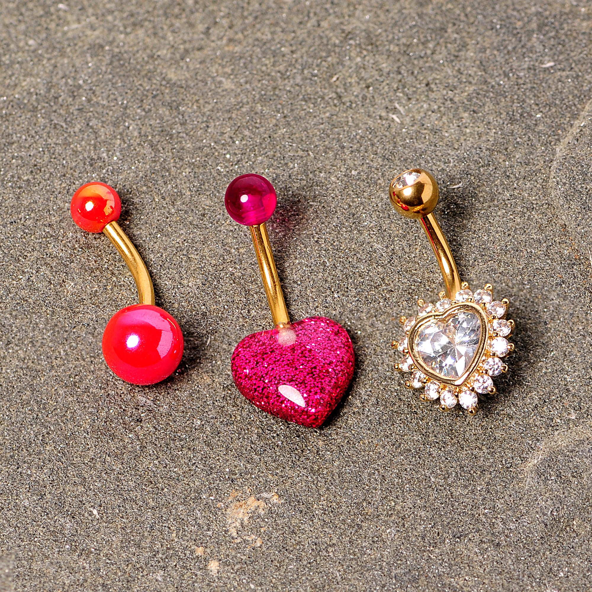 Clear Gem Gold Tone Pink UV Glow Heart Belly Ring Set of 3