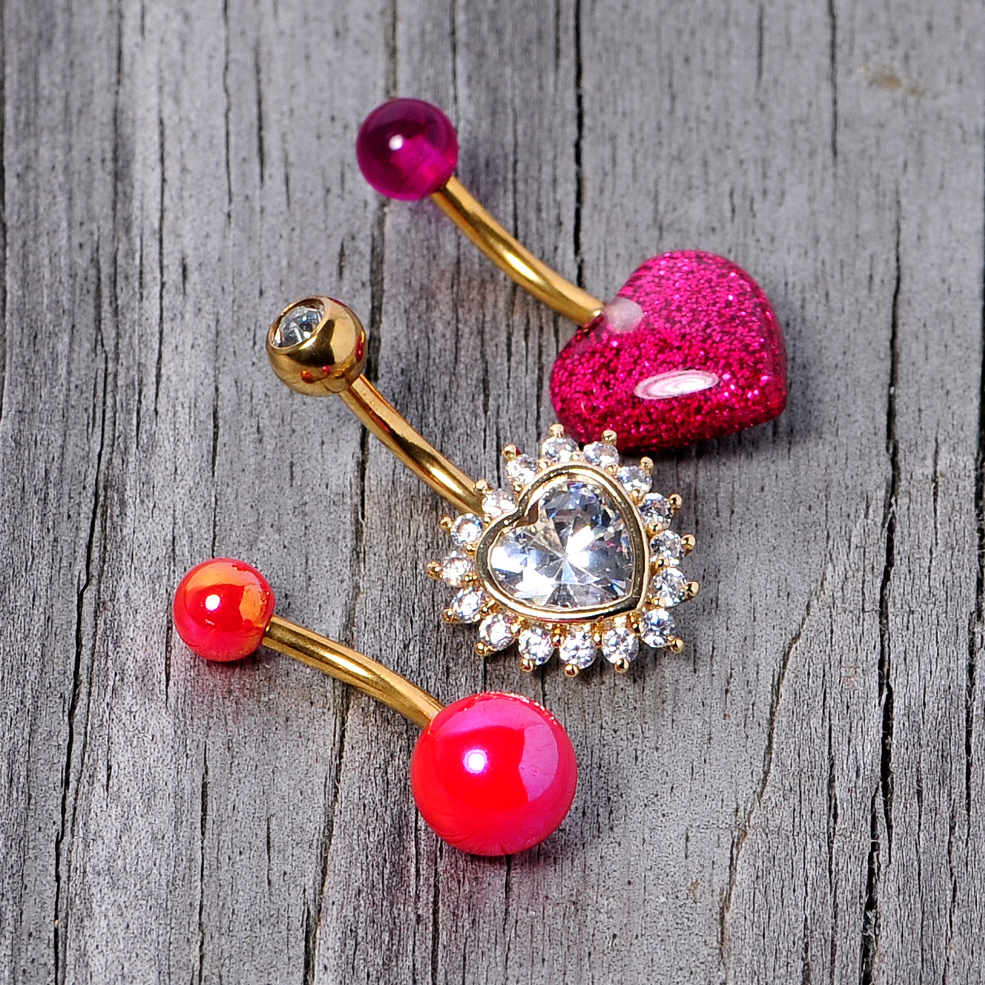 Clear Gem Gold Tone Pink UV Glow Heart Belly Ring Set of 3