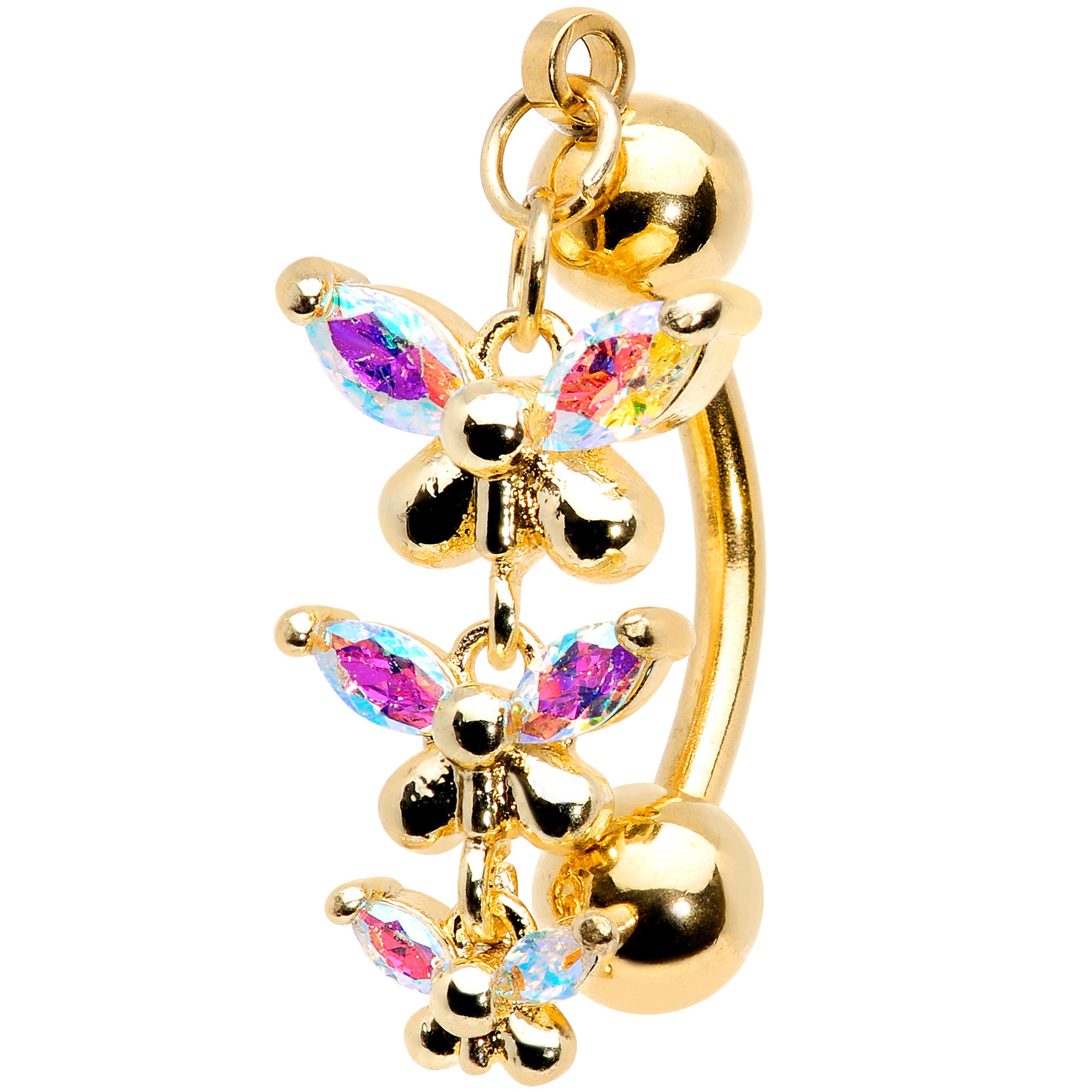 Aurora Gem Gold Tone Butterflies Top Mount Dangle Belly Ring