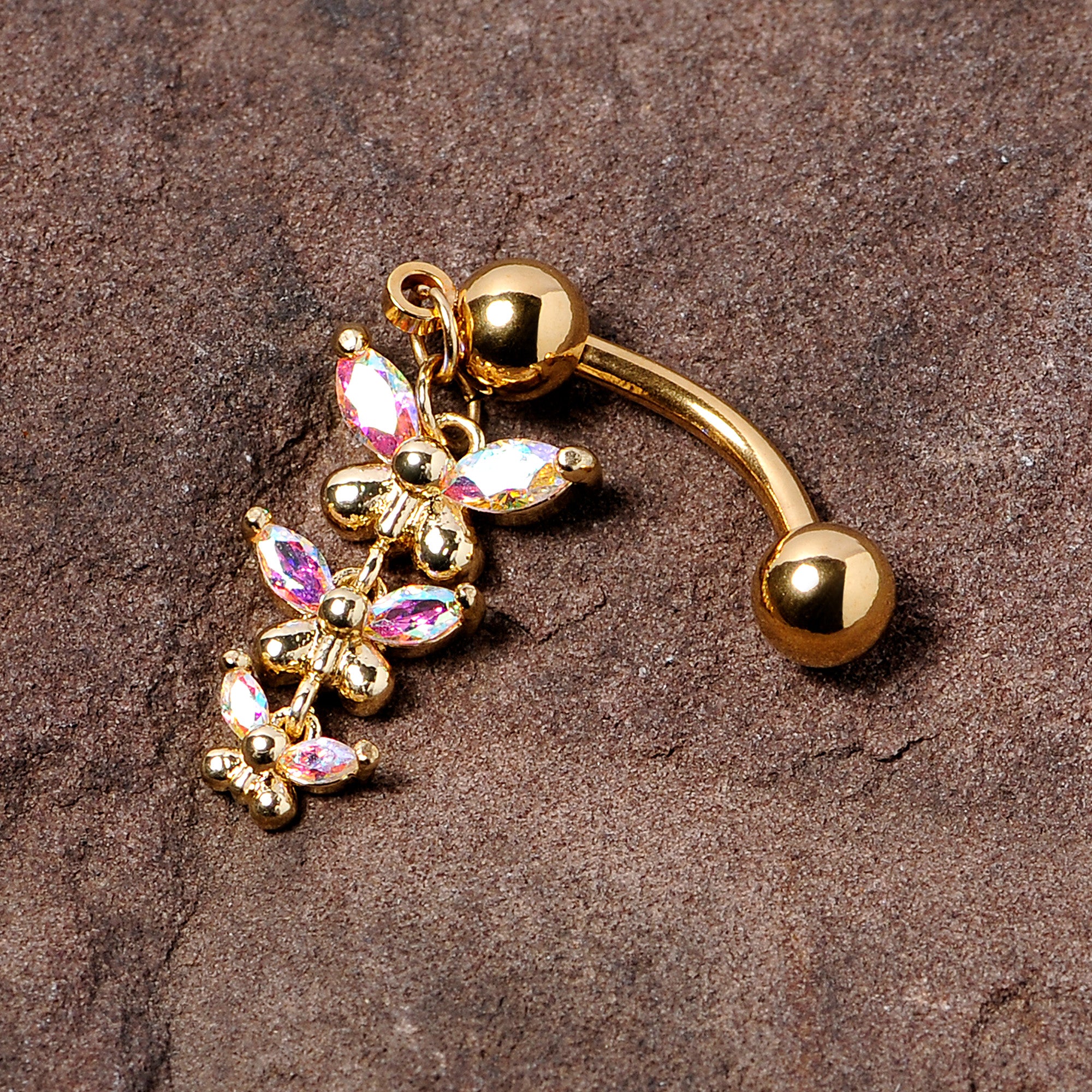 Aurora Gem Gold Tone Butterflies Top Mount Dangle Belly Ring