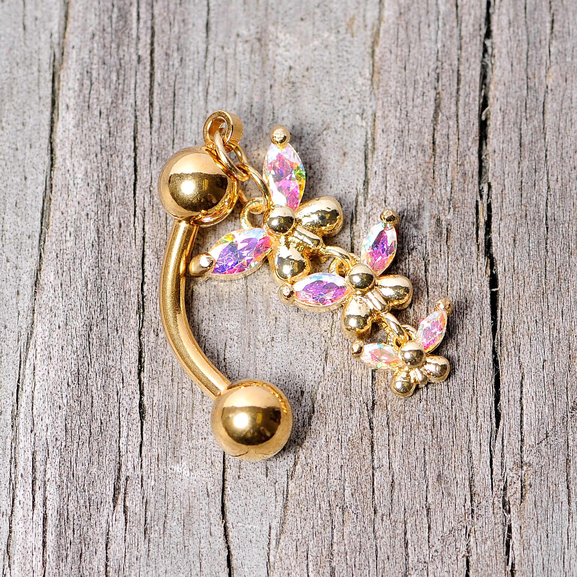 Aurora Gem Gold Tone Butterflies Top Mount Dangle Belly Ring