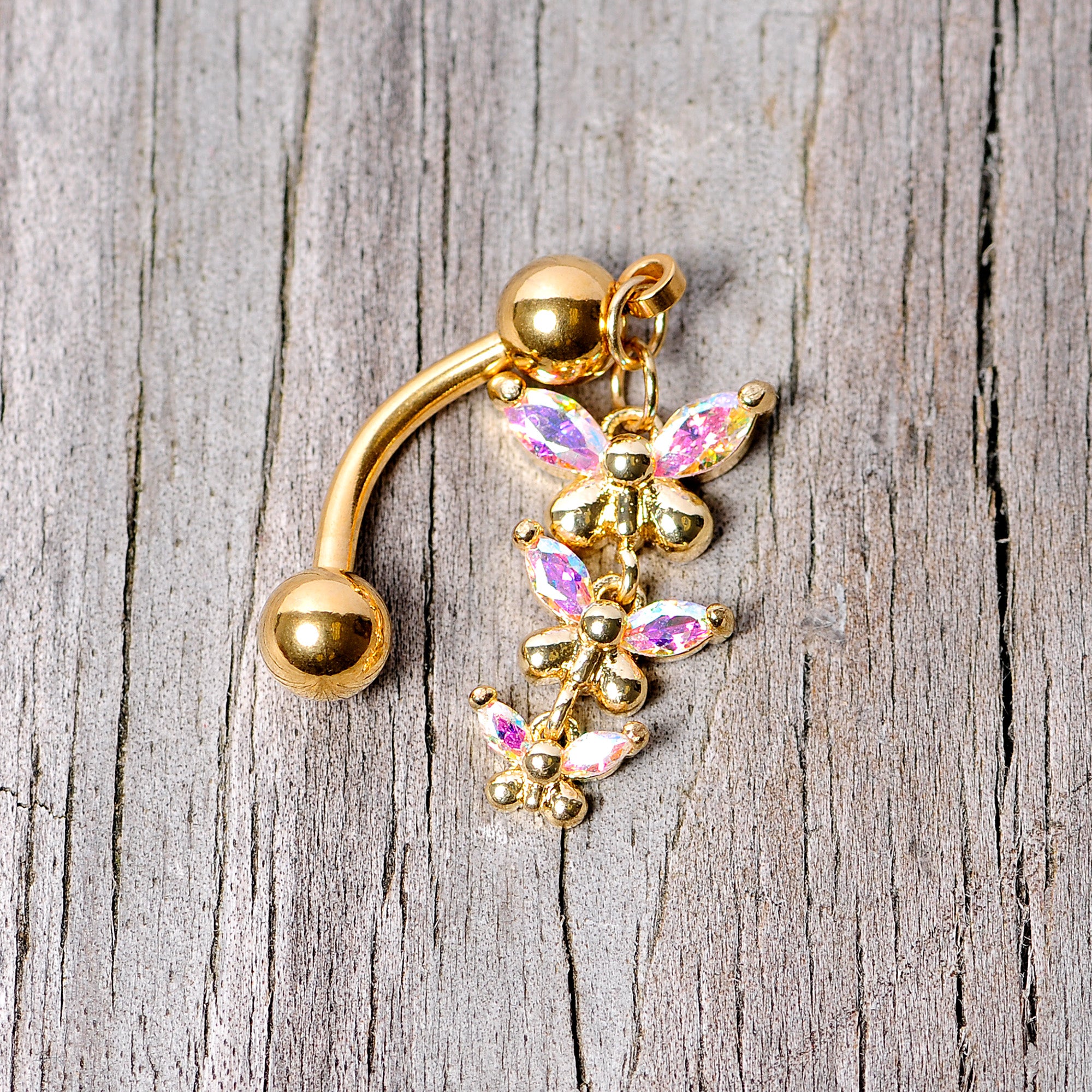 Aurora Gem Gold Tone Butterflies Top Mount Dangle Belly Ring