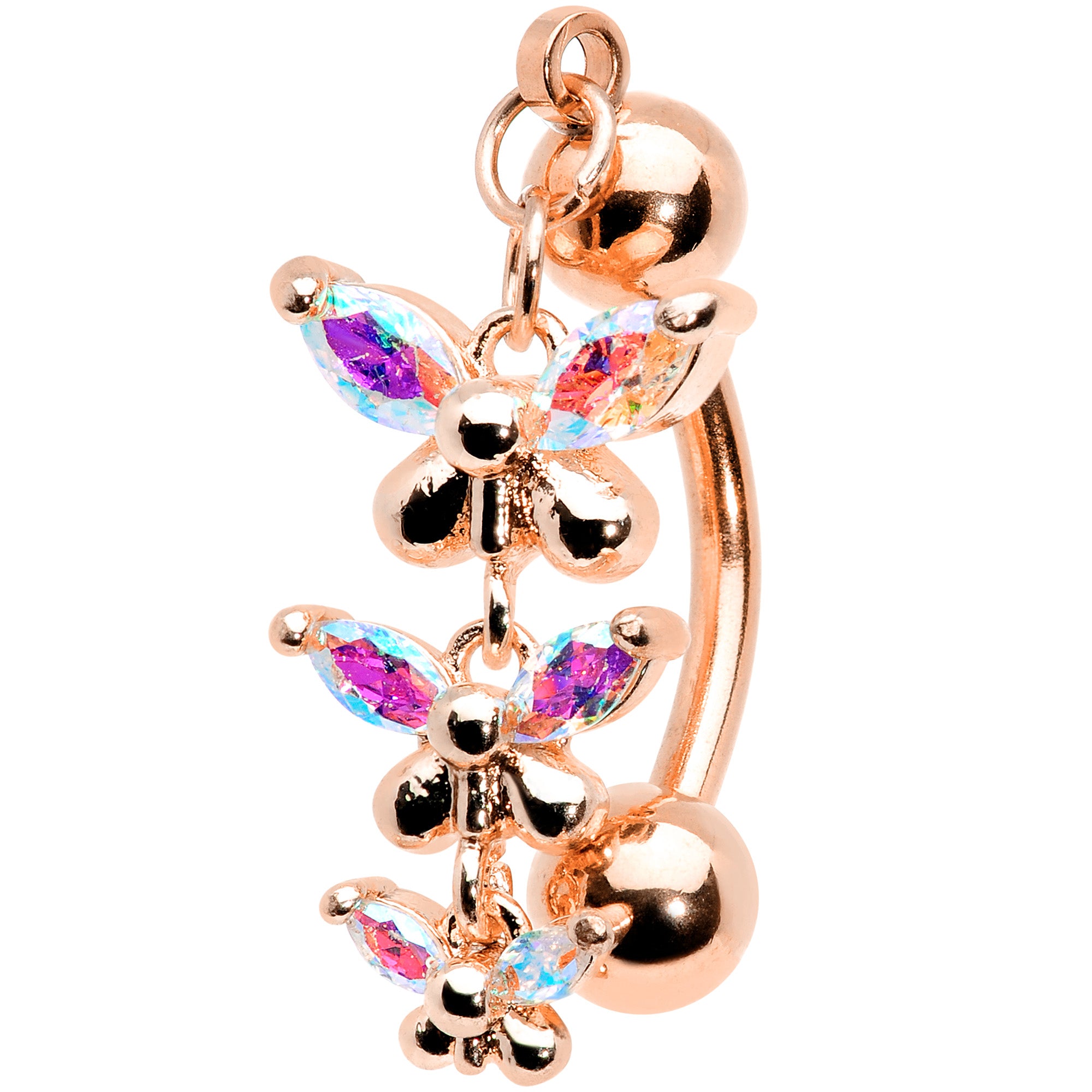 Aurora Gem Rose Gold Tone Butterflies Top Mount Dangle Belly Ring