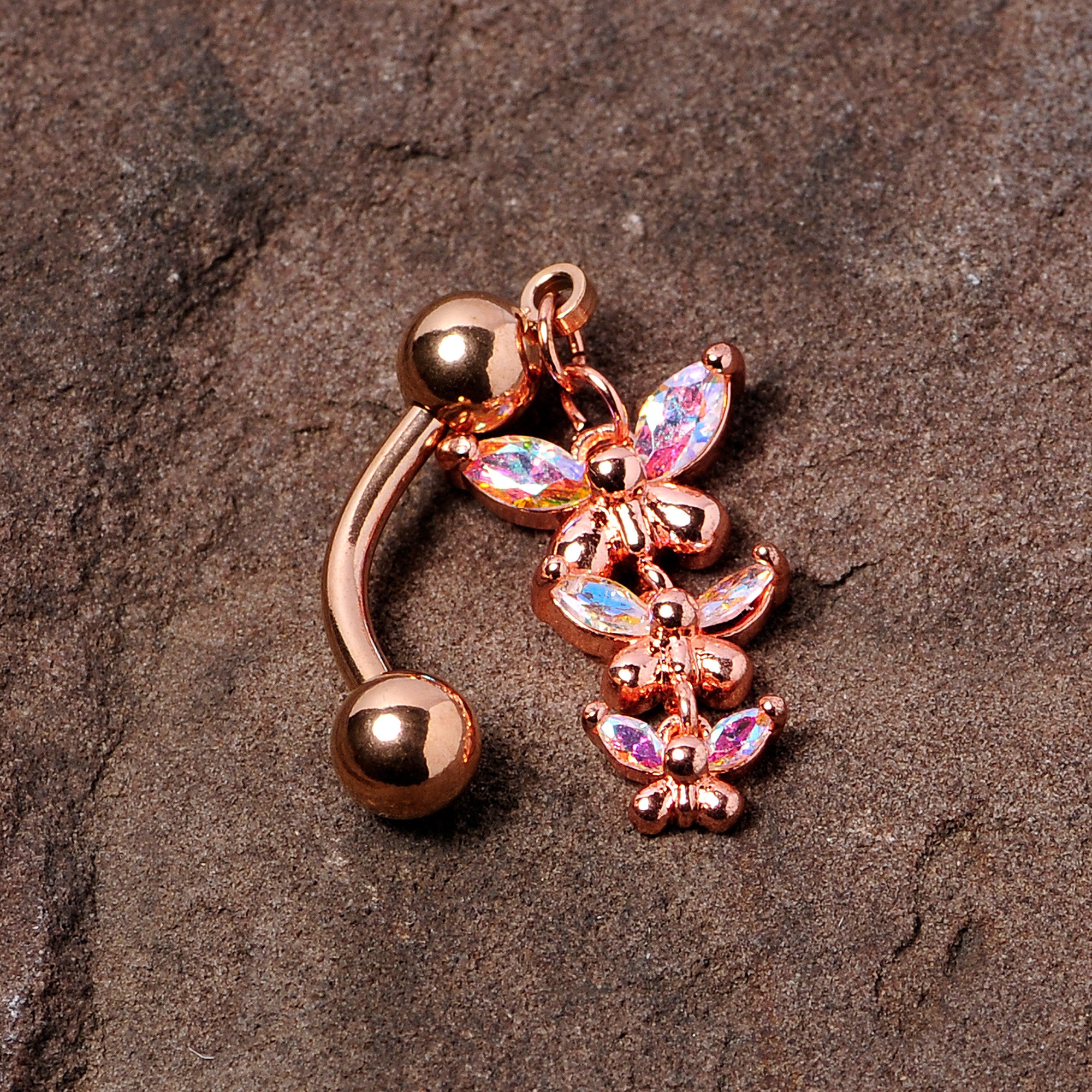 Aurora Gem Rose Gold Tone Butterflies Top Mount Dangle Belly Ring