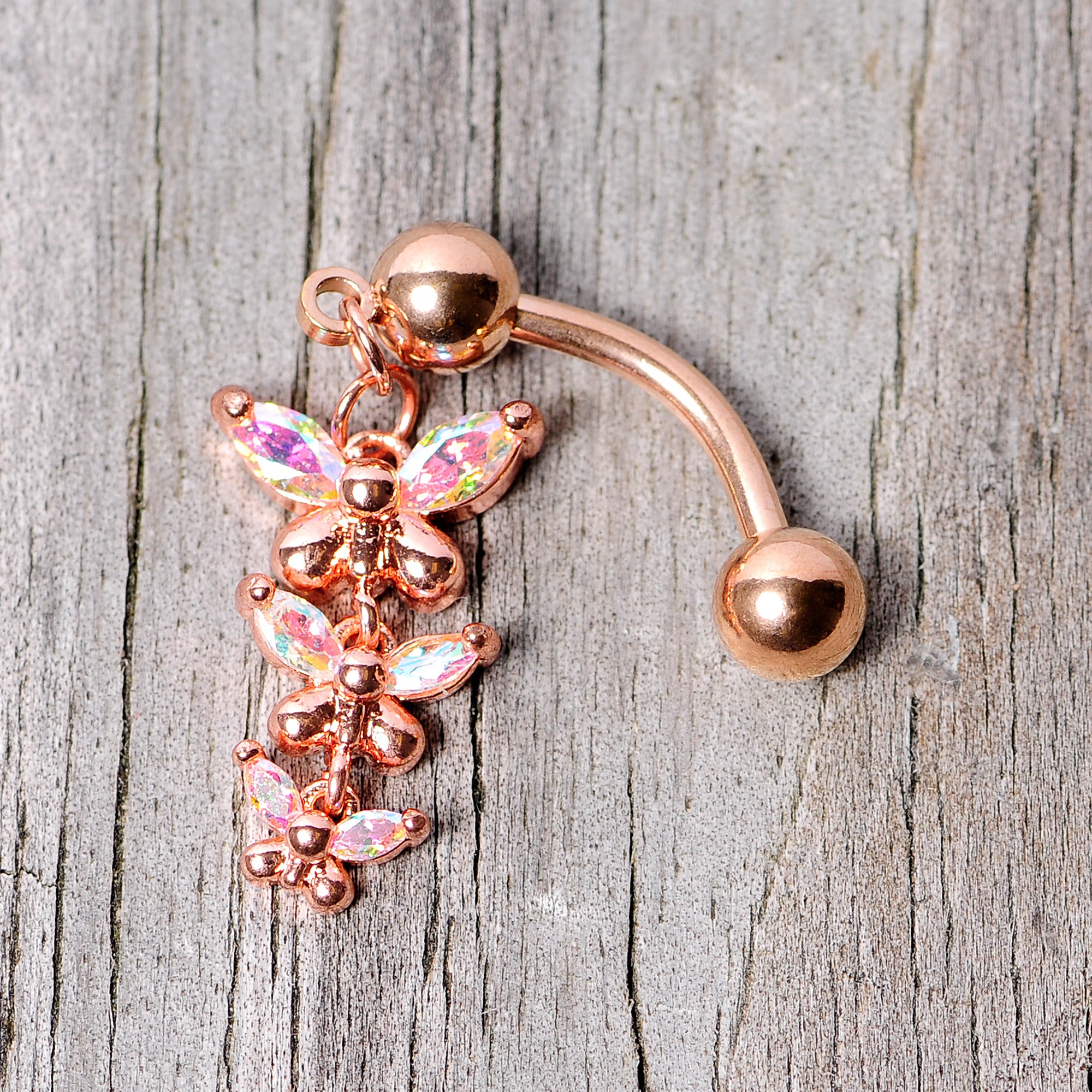 Aurora Gem Rose Gold Tone Butterflies Top Mount Dangle Belly Ring