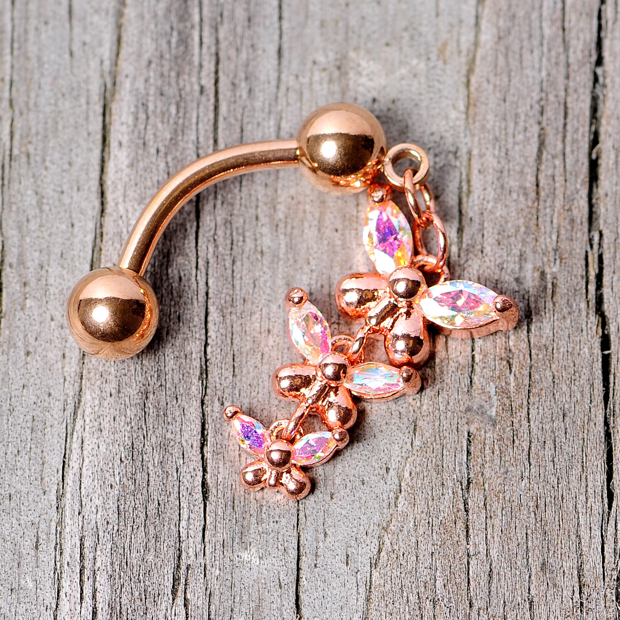 Aurora Gem Rose Gold Tone Butterflies Top Mount Dangle Belly Ring