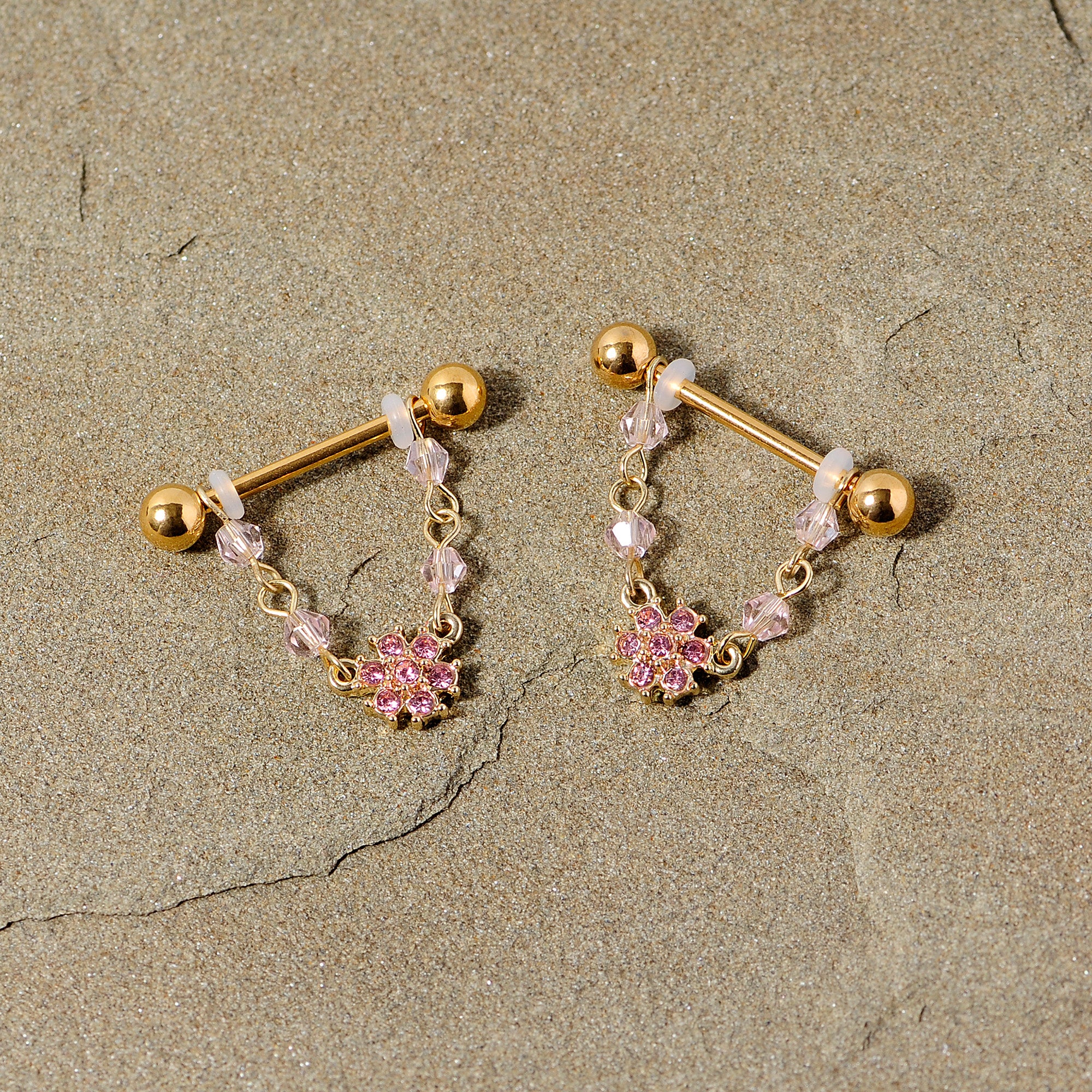 14 Gauge 5/8 Pink Gem Gold Tone Dainty Flower Dangle Nipple Ring Set