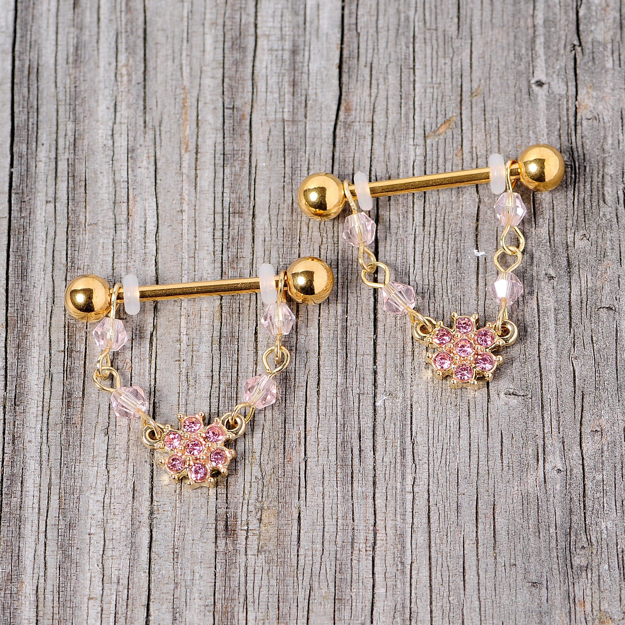 14 Gauge 5/8 Pink Gem Gold Tone Dainty Flower Dangle Nipple Ring Set