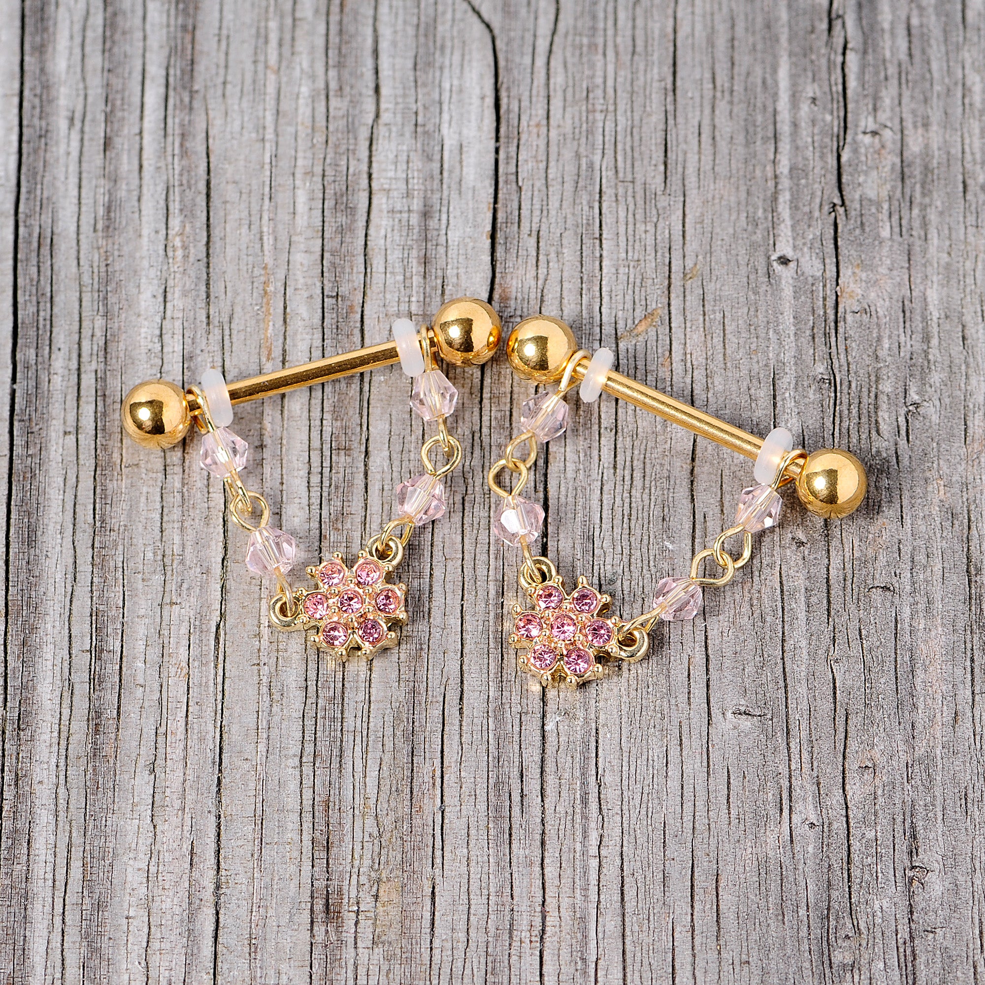 14 Gauge 5/8 Pink Gem Gold Tone Dainty Flower Dangle Nipple Ring Set