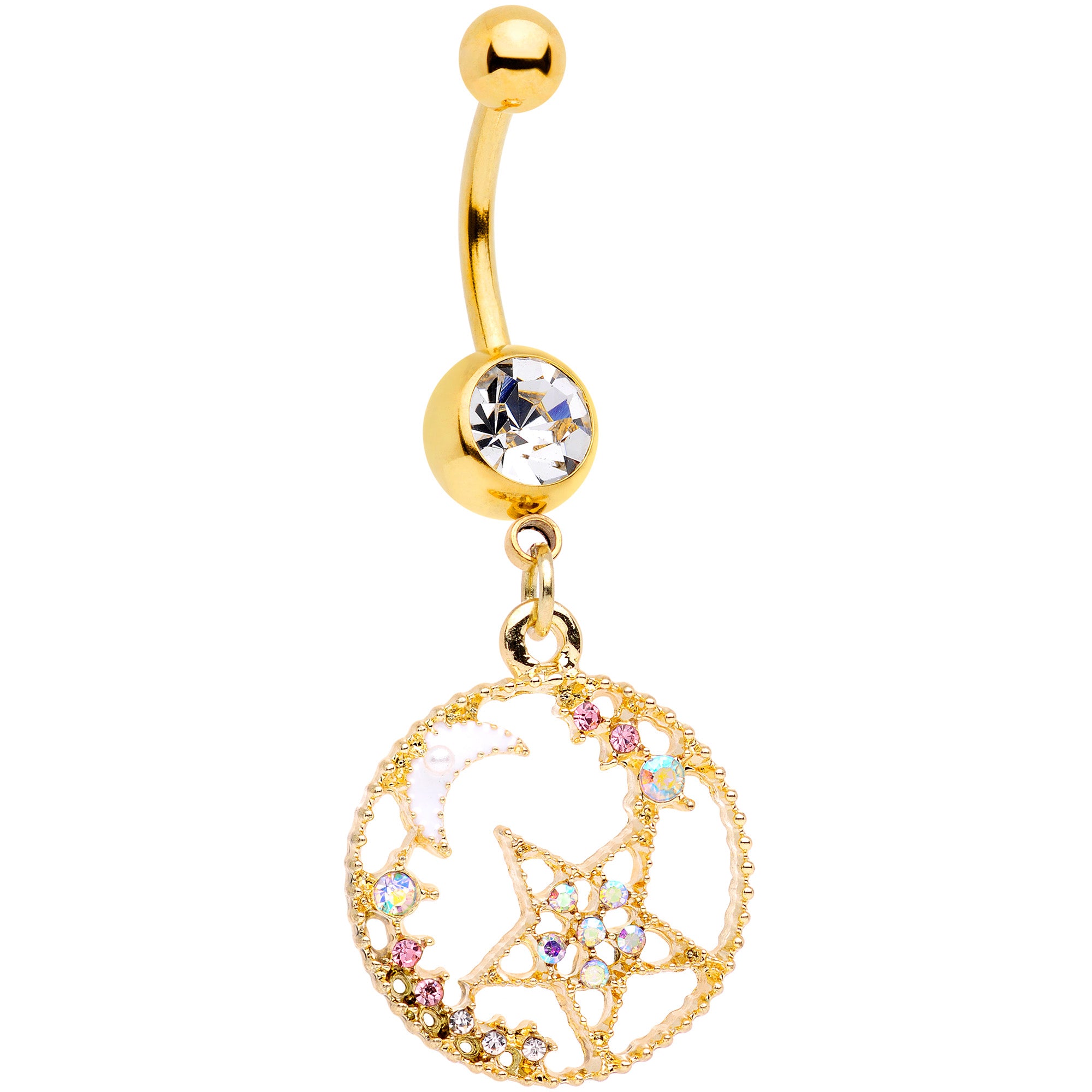 Clear Aurora Gem Gold Tone Circle Star Moon Dangle Belly Ring