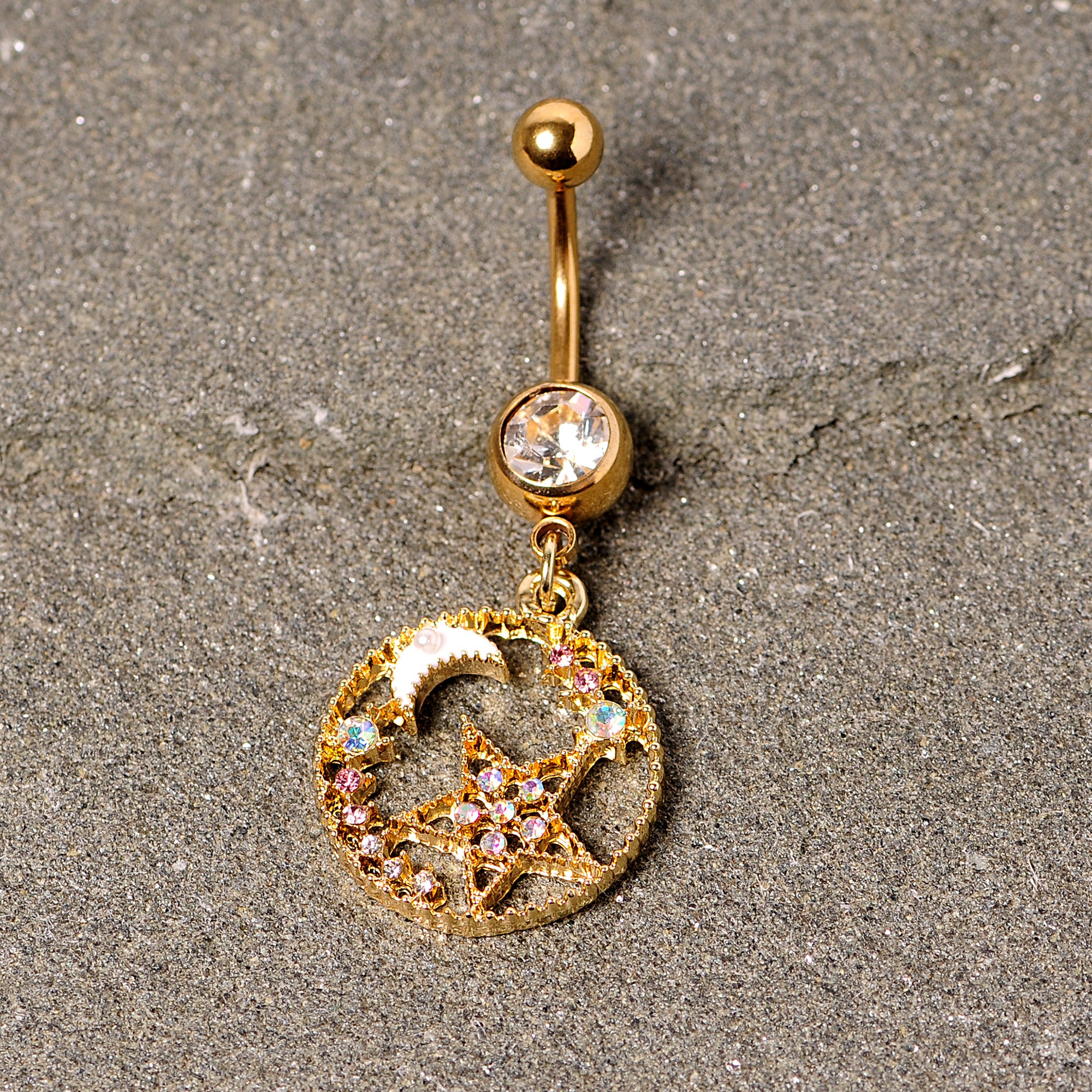 Clear Aurora Gem Gold Tone Circle Star Moon Dangle Belly Ring