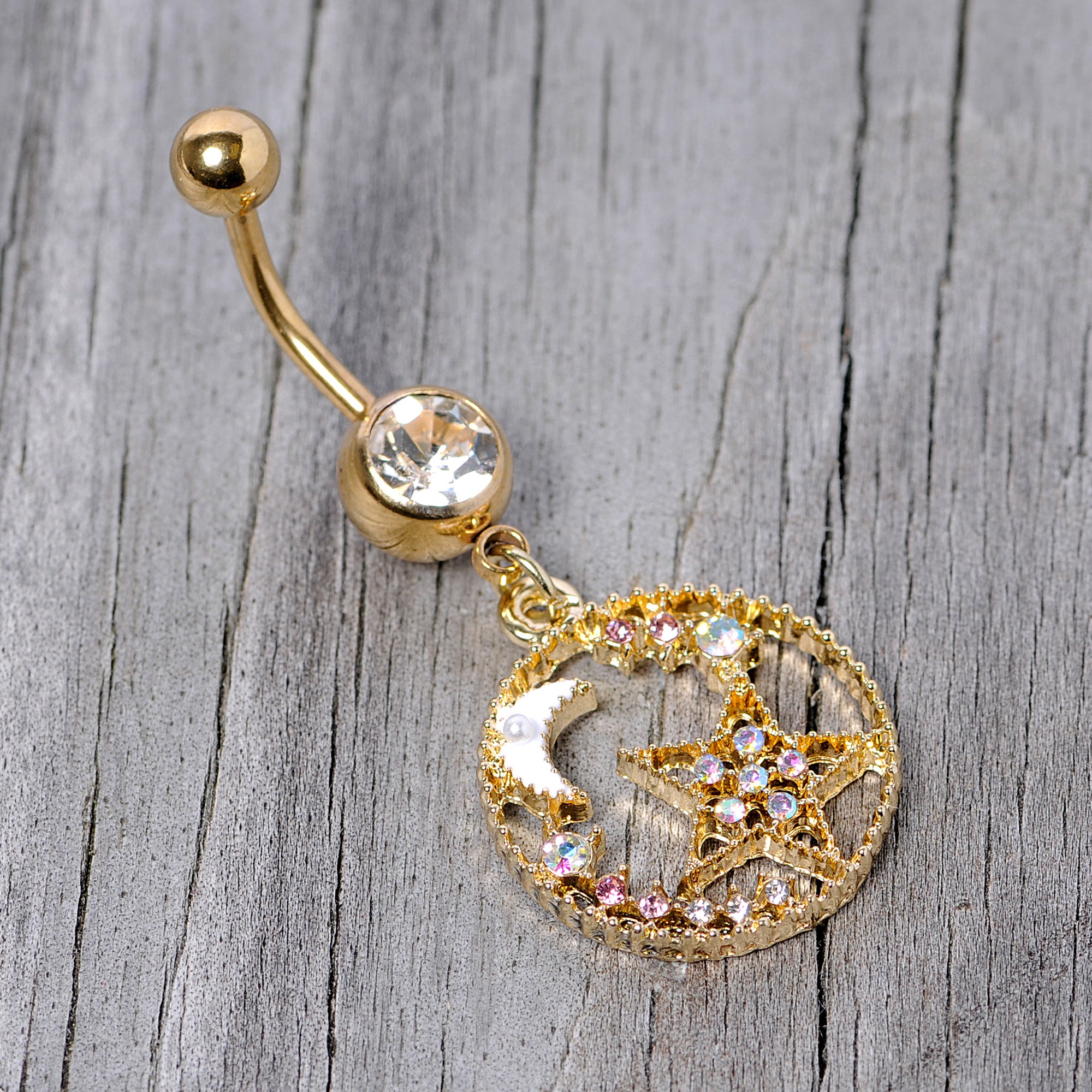 Clear Aurora Gem Gold Tone Circle Star Moon Dangle Belly Ring