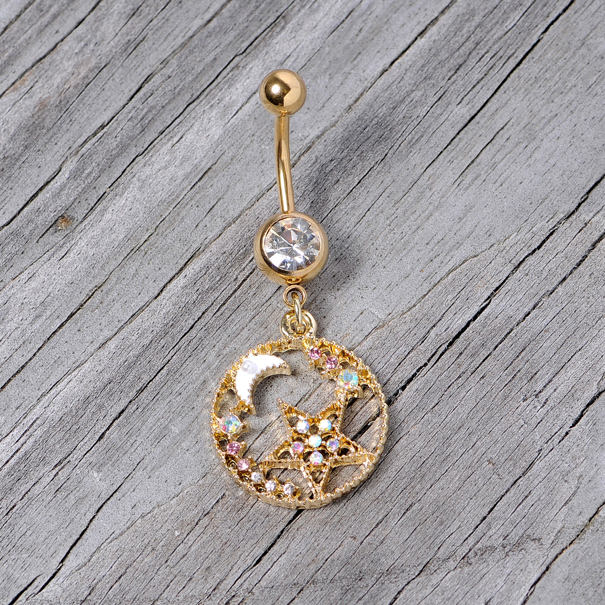 Clear Aurora Gem Gold Tone Circle Star Moon Dangle Belly Ring